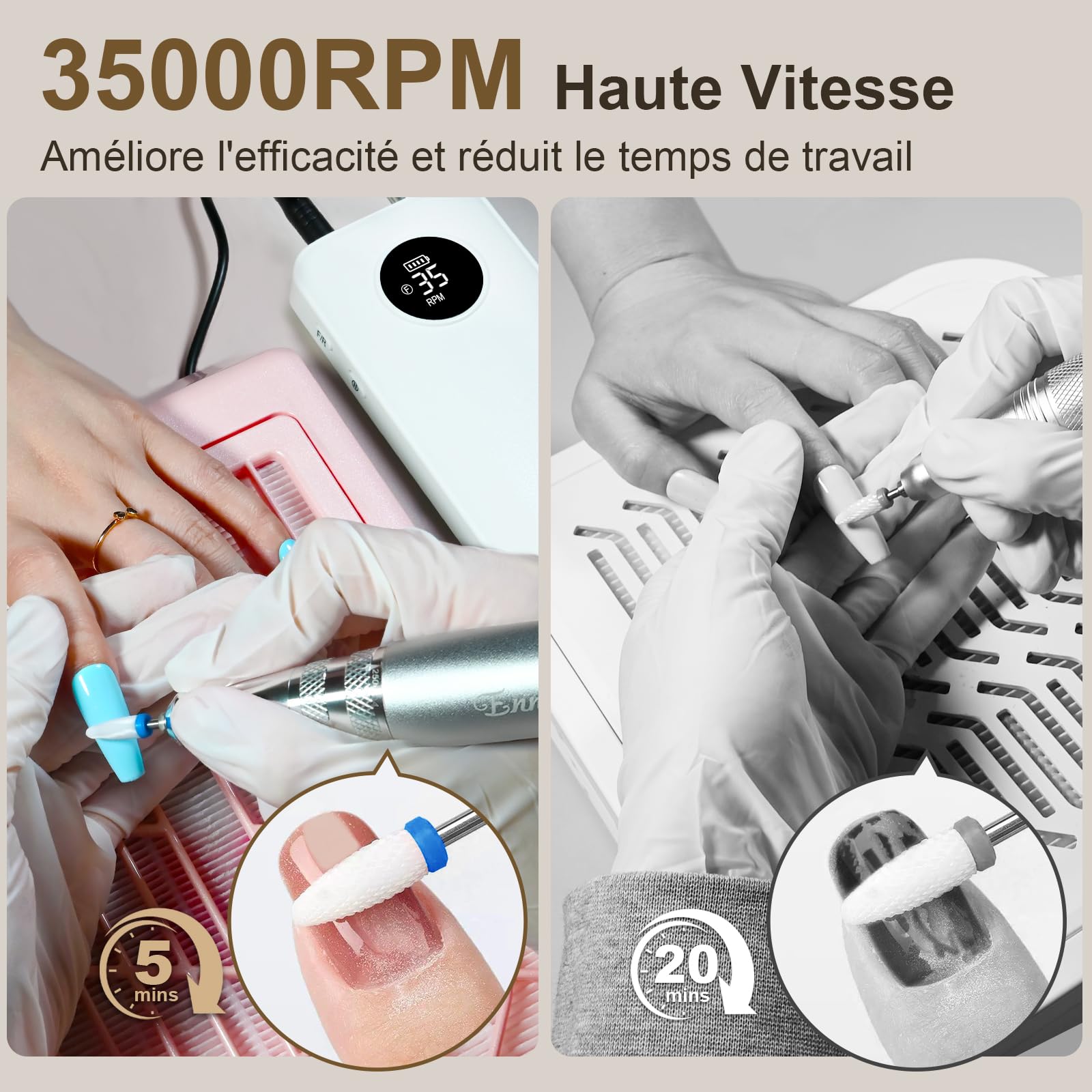 Ponceuse pour Ongles Électrique Professionnelle 35000 Tours - Portable Rechargeable pour Acrylique/Gel, Machine Manucure/Pédicure Puissante et Silencieuse - Pour Salon/Maison (Blanc Pur)