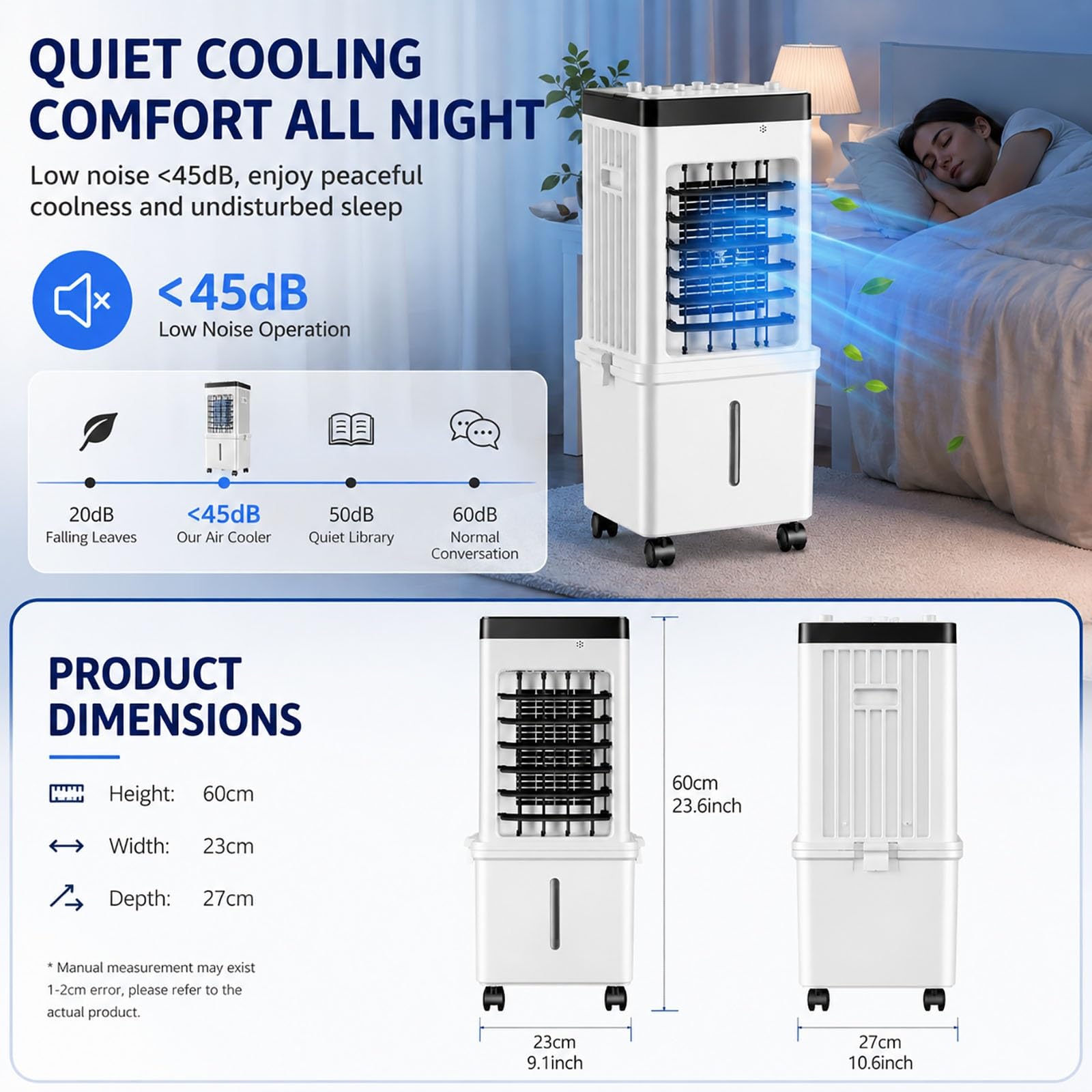 Enfriador de Aire Evaporativo 6L, Ventilador Climatizador Portátil con 4 Acumuladores de Frío, 3 Velocidades, Oscilación 120°, Silencioso para Hogar y Oficina