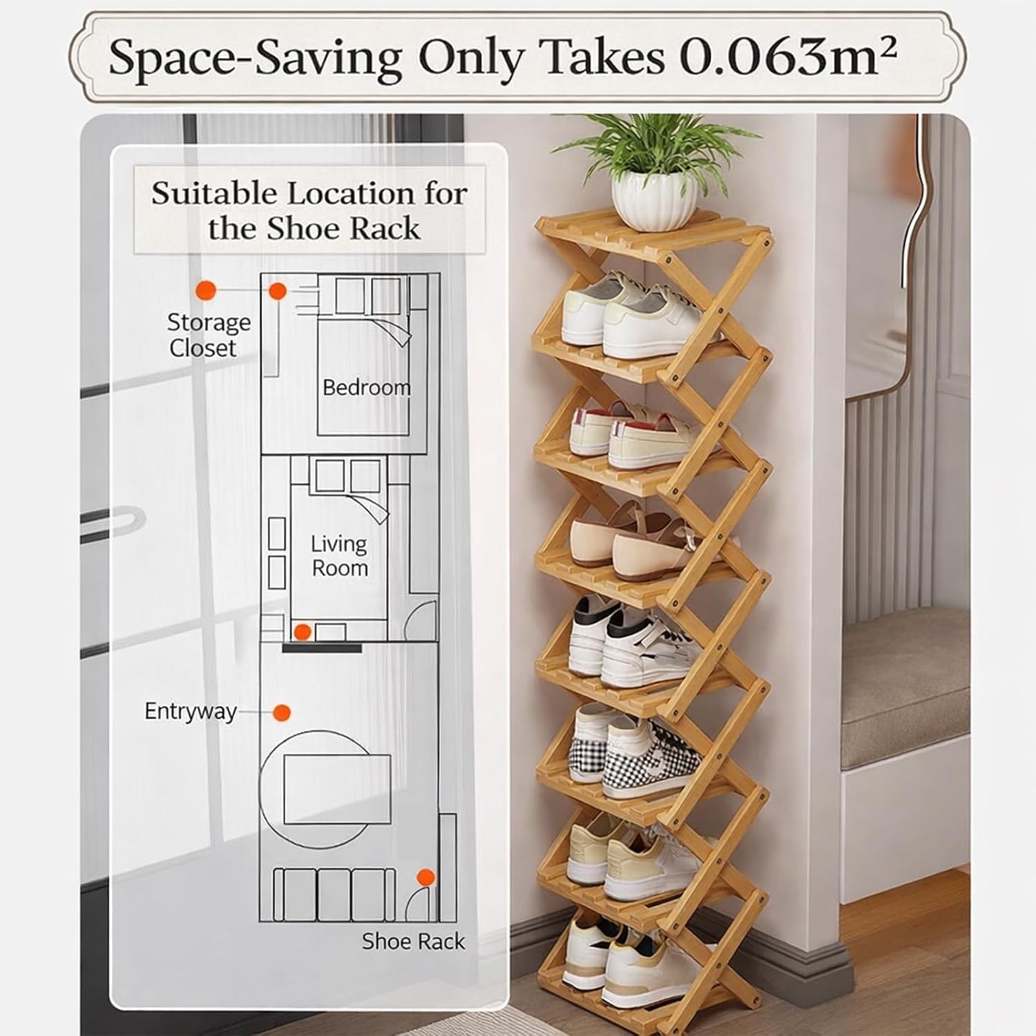 The 9-Tier No-Assembly Bamboo Rack, Bamboo Foldable Shoe Rack, Space-Saving Multifunctional Shelf for Entryways, Corners, Bedrooms,Balconies (Color B,6 Tier)