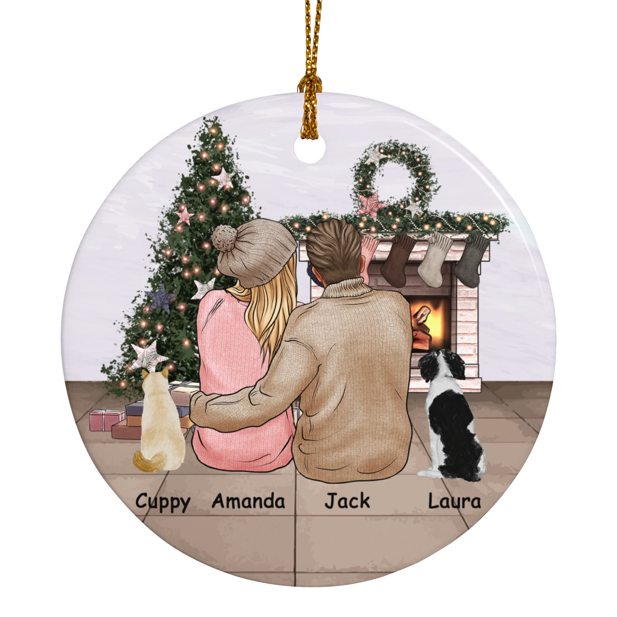 Personalized Family Christmas Ornament 2022, Custom Name Cat Dog Breed for Xmas Couple Round Circle Ceramic Ornament Engagement Gift for Newlyed