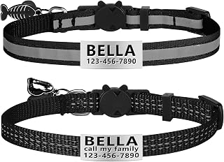 La Reine 2 Pack Cat Collar with Name Tag, Personalized Reflective Cat Collar Breakaway with Bell and Fish Bones and Heart Pendant (Black)
