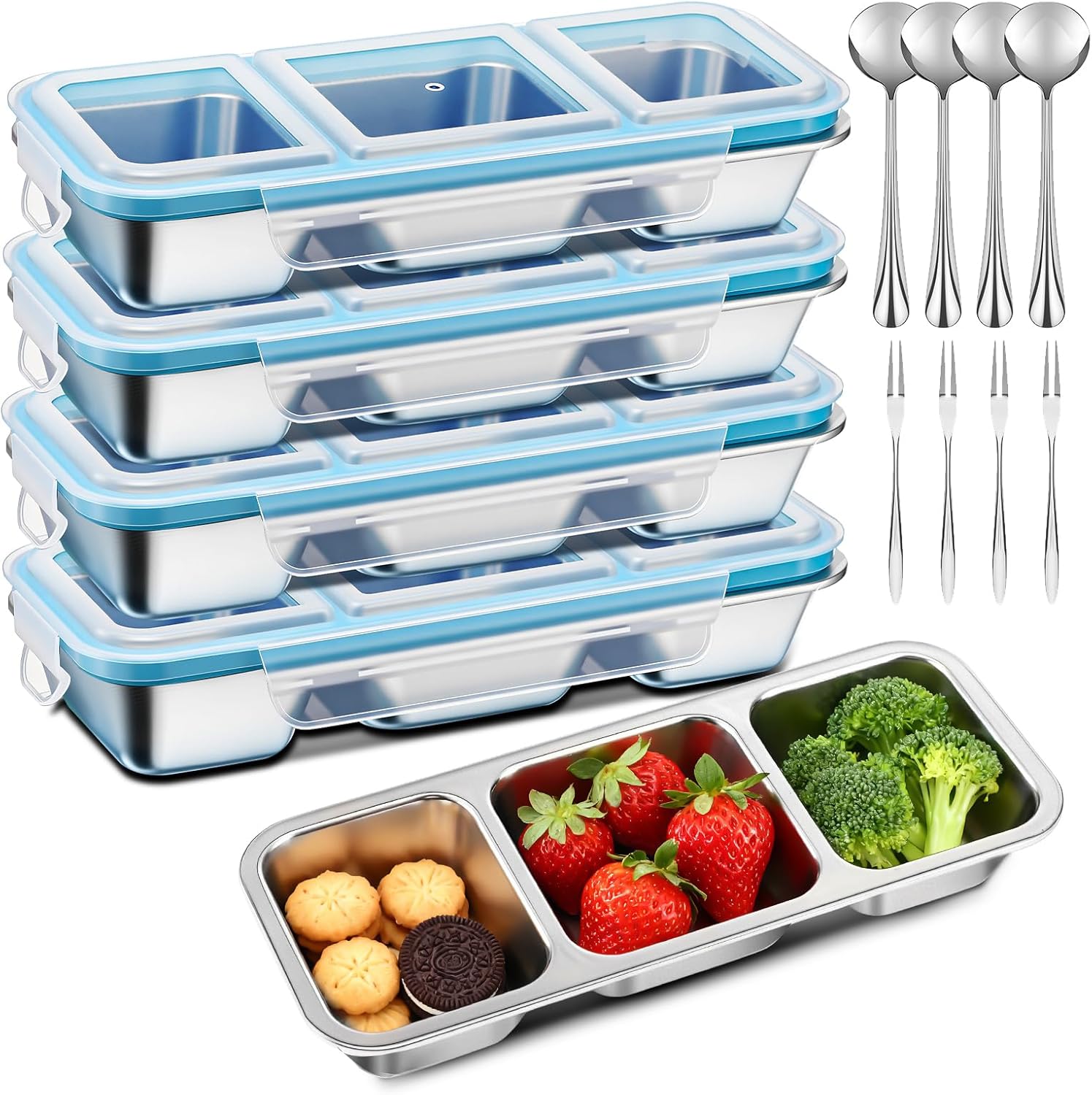 LemonRoad 4 Pack Stainless Steel Snack Containers with Lids Reusable Metal Divided Bento Lunch Boxes with Forks and Spoons Food Storage Containers for Work Travel(Blue,3 Compartment)