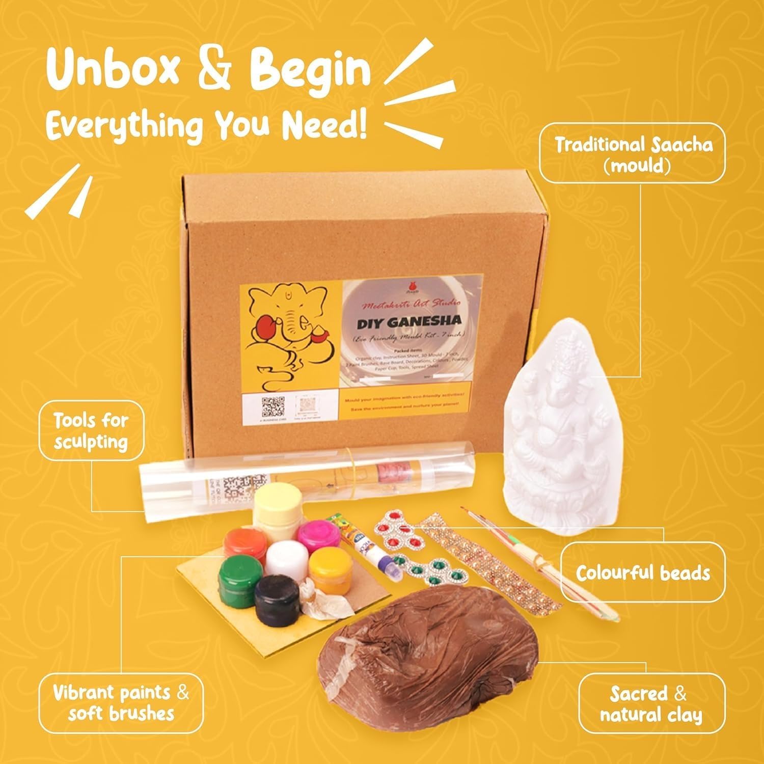 Meetakriti DIY Plantable Mould Ganesha Idol Making Kit | Eco-Friendly 7-Inch Ganpati Murti Craft Set for Kids & Adults | Ganpati Murti Kit for Ganesh Chaturthi
