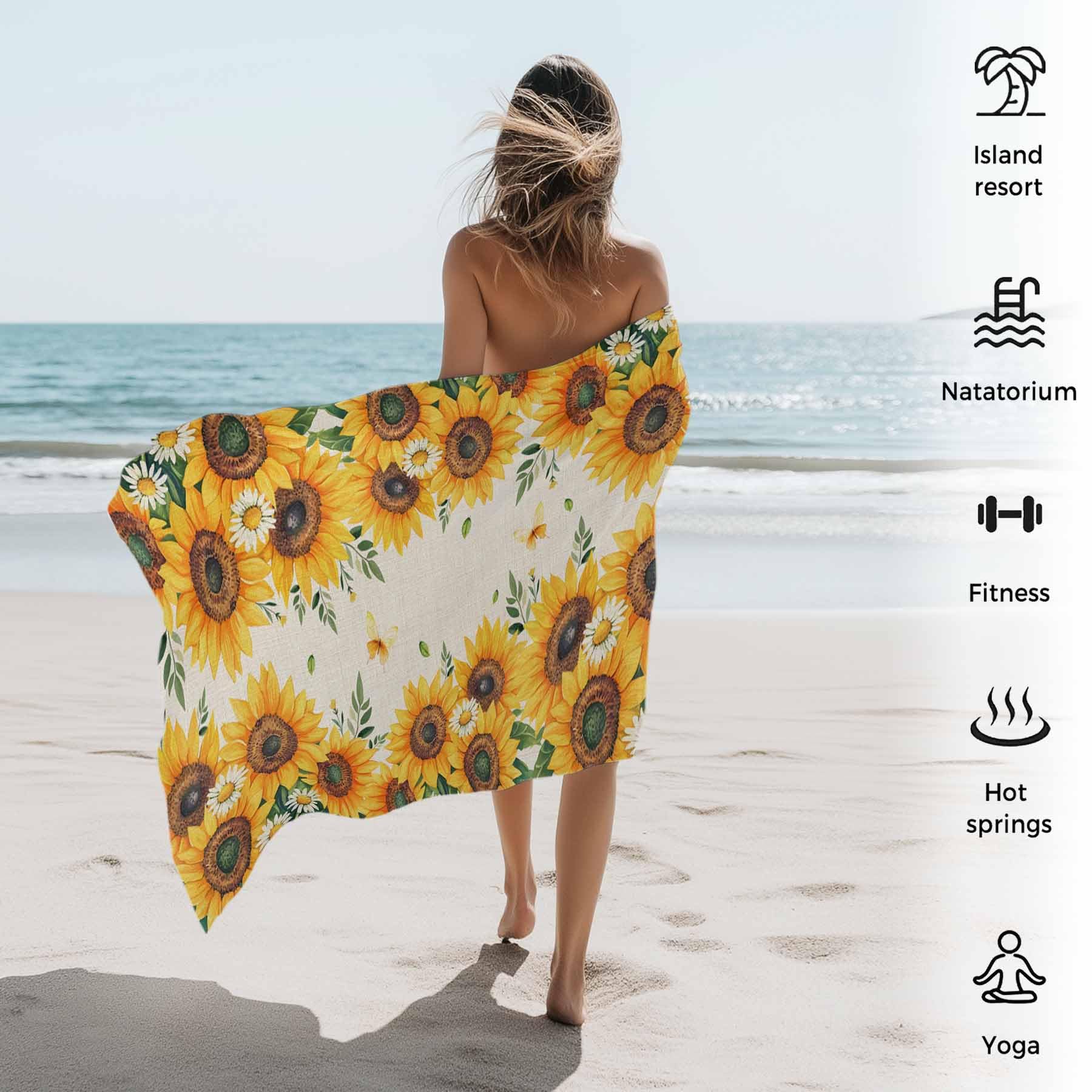 VODRM Vintage Sunflower Beach Towel 32x52 Inches - Microfiber Quick Dry With Blue Butterflies, Oversized