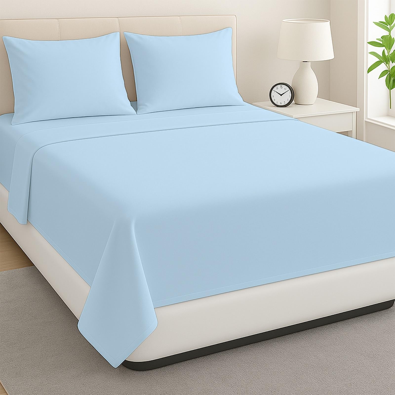 ARlinen Queen Waterbed Sheet Set - 4 Piece, 100% Cotton, 15 Inch Deep Pockets, Attached Design, Extra Soft Solid Light Blue Bed Sheets