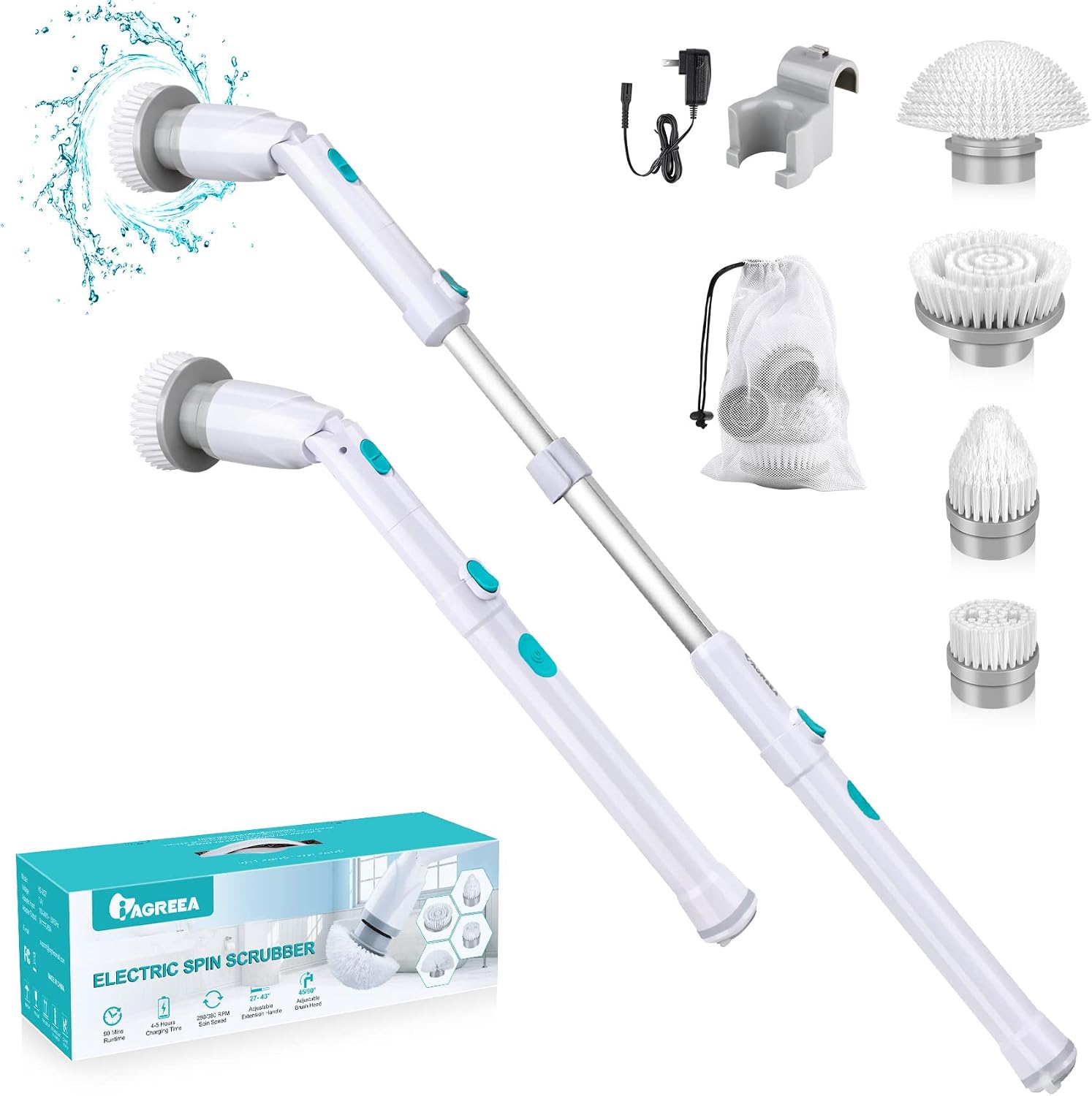 Electric Spin Scrubber, IAGREEA Cordless Bathroom Cleaning Brush with 4 Replaceable Brush Heads, Cordless Tub and Tile Power Scrubber with Adjustable Handle for Bathroom Tile Floor Wall Grout Bathtub
