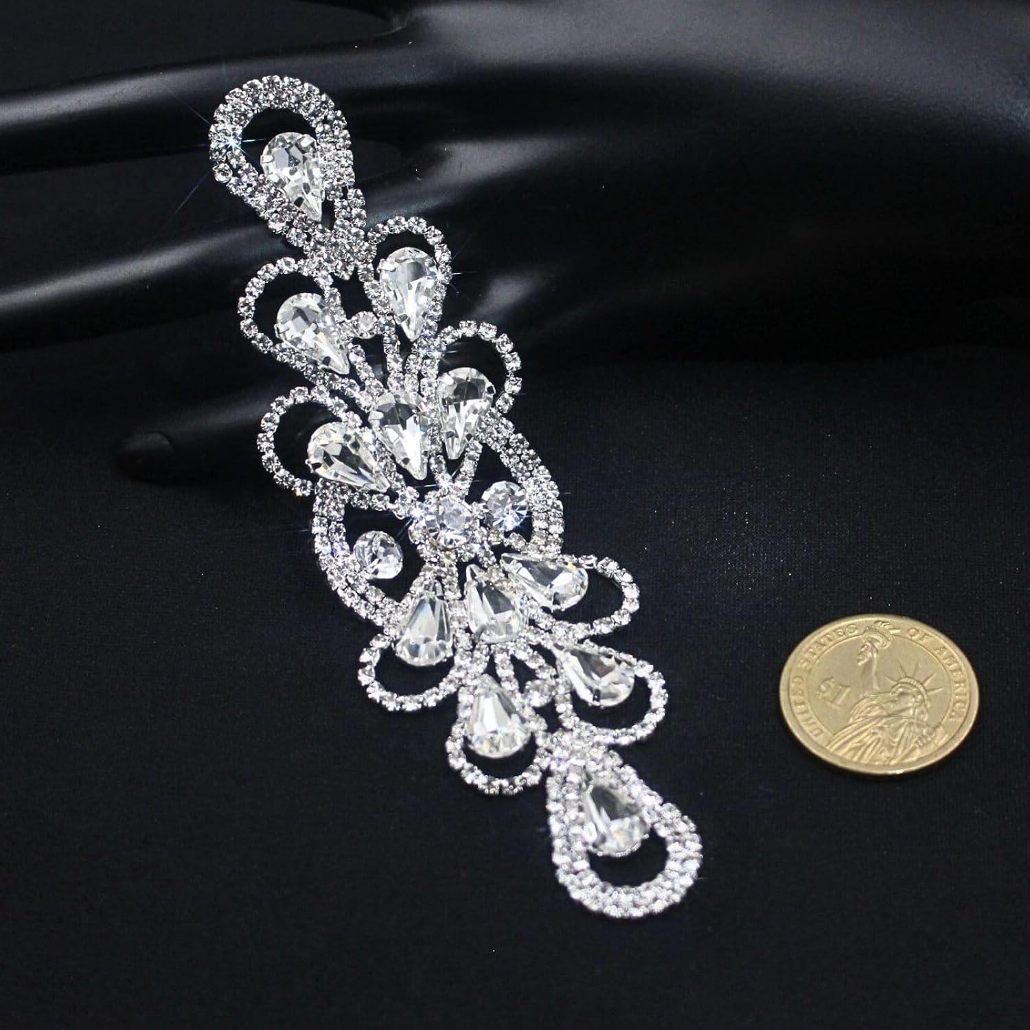 PEARLY JUN 2 Pcs Rhinestone Applique Silver White Crystal Patches Clothing Diamond Trim for Dresses DIY Fabric Bridal Wedding Prom Accessories Embellishments