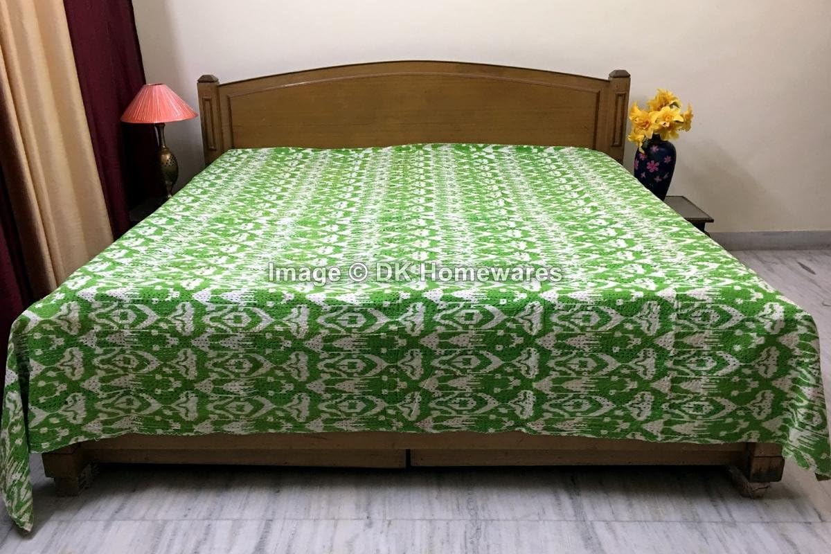 Indian Traditional Light Green Queen Size Kanta Quilt Home Decor Cotton Kantha Work Ikat Printed Hand Crafted (108 x 90) -Set of 1 Blanket Bedspread