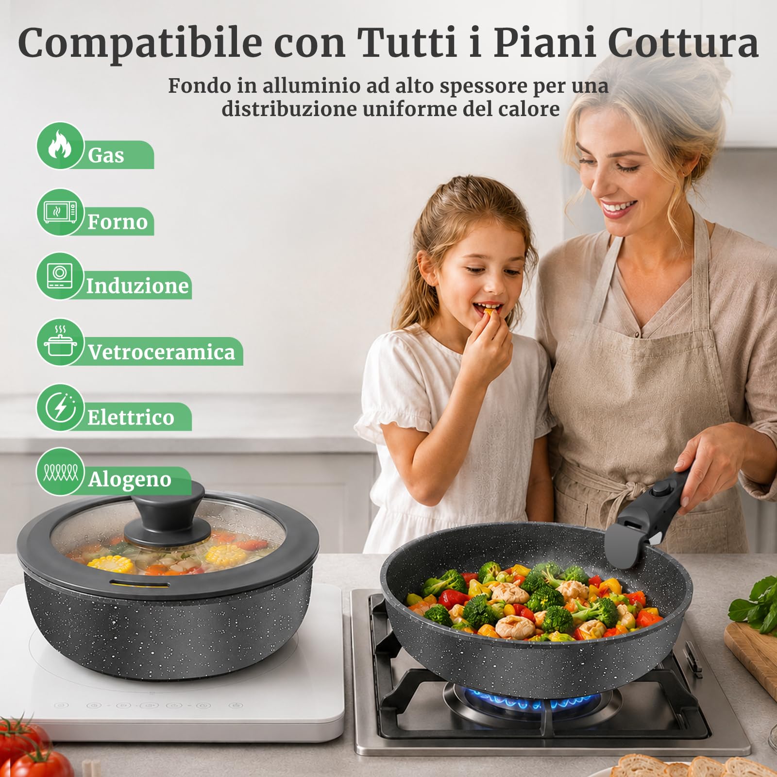 YASHE Pentole induzione 21 pezzi, atossiche, senza PTFE e PFAS | Set di Pentole e Padelle Antiaderente in Granito, Tegame con Coperchio, Salvaspazio Impilabile per Camper