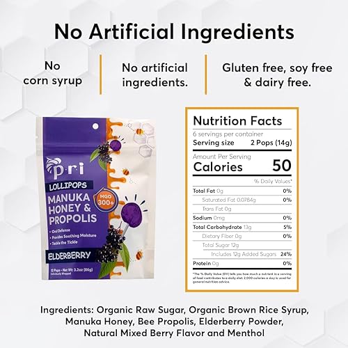 Miniatura 8 de P.R.I Paletas de miel de Manuka con propóleo, certificado MGO 300+ - Calmante para la garganta, sabor a fresa, (24 paletas, 5.46 onzas)