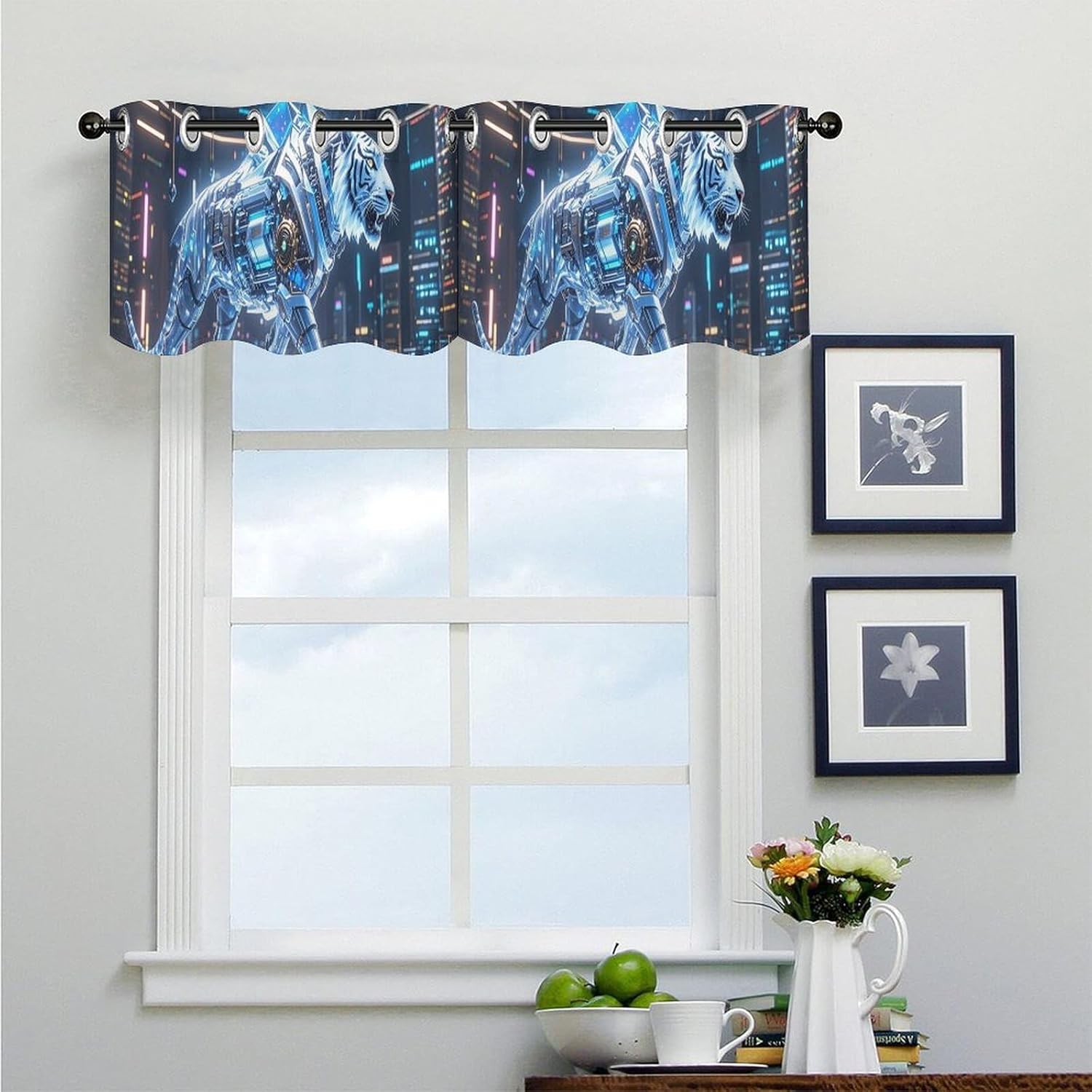 Mechanical Tiger Valance for Windows, 2 Pack Kitchen Curtains Modern Home Decor, Soft Blackout Window Curtains for Living Room & Bedroom, 18 X 52 Inch
