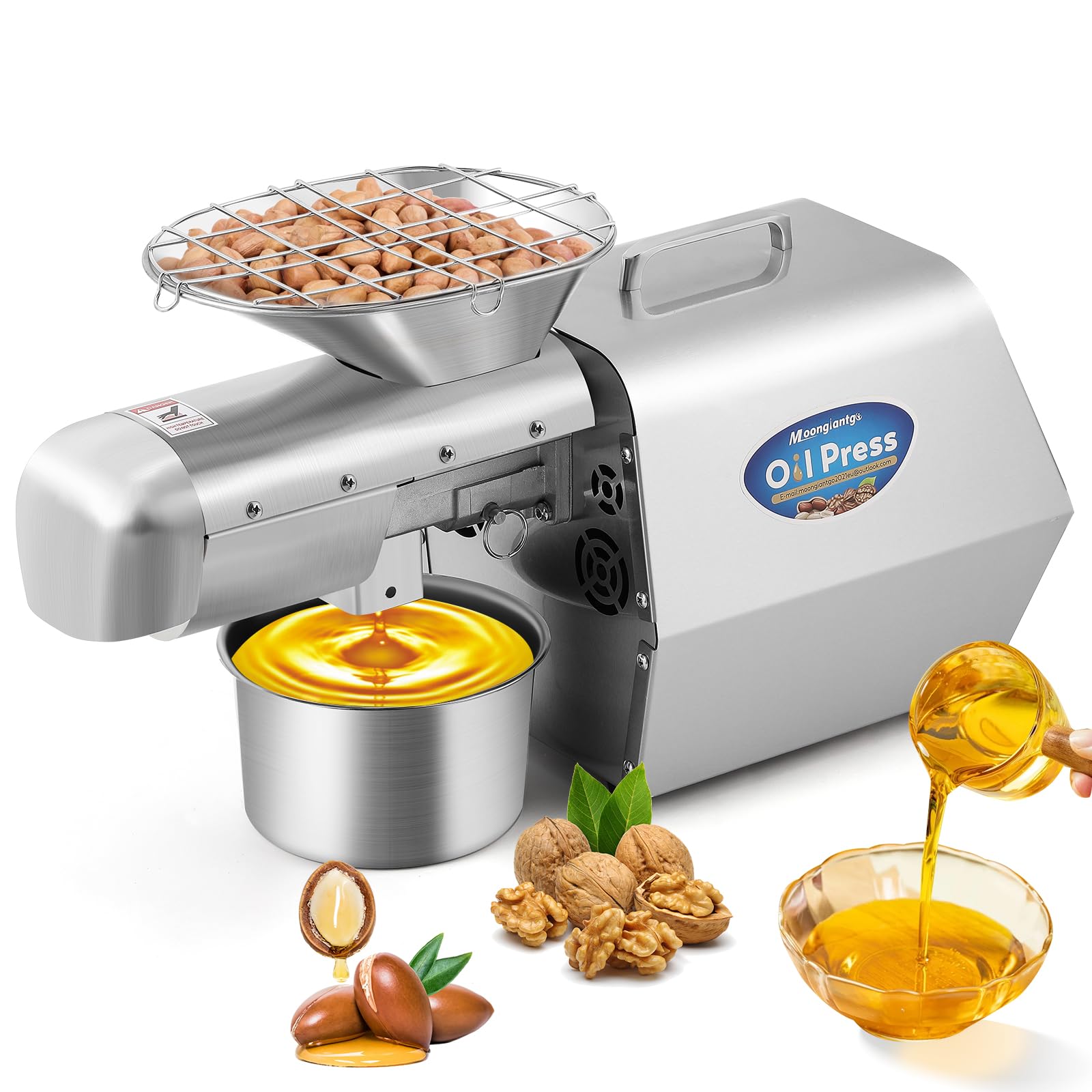 Moongiantgo 1800w Smart Oil Press, Stainless Steel Cold/Hot with Temperature Control, Extended Rod, Low Noise for Peanuts, Walnut, Sesame (Not Olives), 13-19 Lbs/Hour Máquina De Prensado De Aceite De 1500w Plata