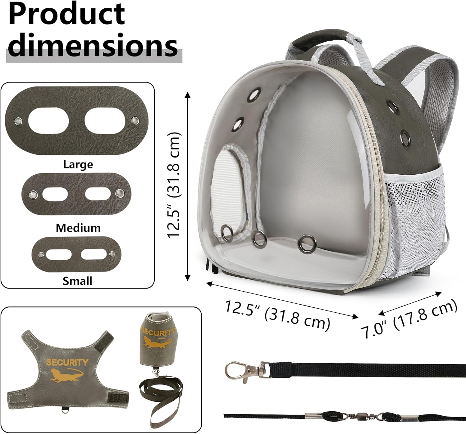 Bearded Dragon Carrier Backpack with Security Printing Harness Leash and 3-Sized Harness Set, Reptile Lizard Travel Guinea Pig Bunny Kitten Travel Carry Bag to Transport (Grey, PU Leather)