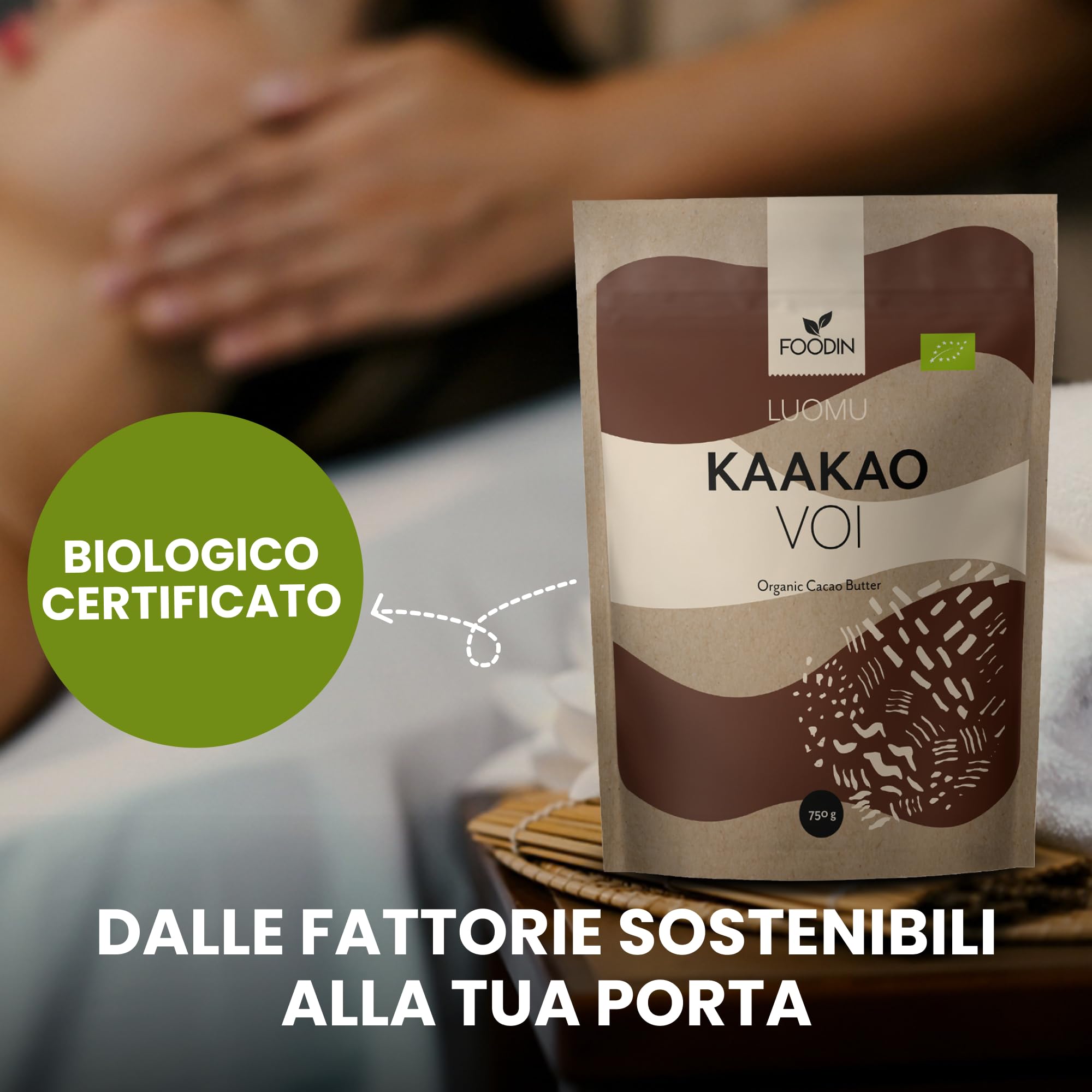 FOODIN Burro di Cacao Bio — Naturale per Cosmetica, Cucina e Dolci — Idratante, Dolce Profumo, Crudo e Sostenibile — 750g
