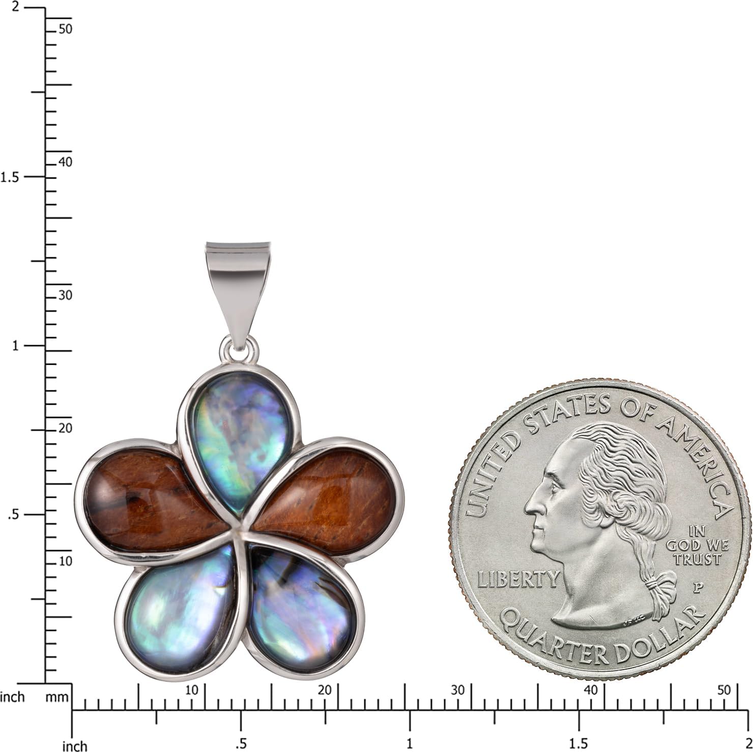 Aloha Jewelry Company Sterling Silver Koa Wood and Abalone Shell Inlay Plumeria Pendant Necklace Pendant with 18" Box Chain, Nickel Free Hypoallergenic for Sensitive Skin, Gift Box Included
