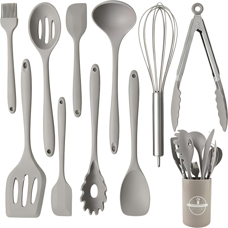 Juego de utensilios de cocina de silicona, juego de utensilios de cocina de 10 piezas, utensilios de cocina antiadherentes, utensilios de cocina resistentes al calor de 446 °F, herramientas de cocina de cuchara, cepillo, batidor, espátula, pinzas giratorias (caqui)