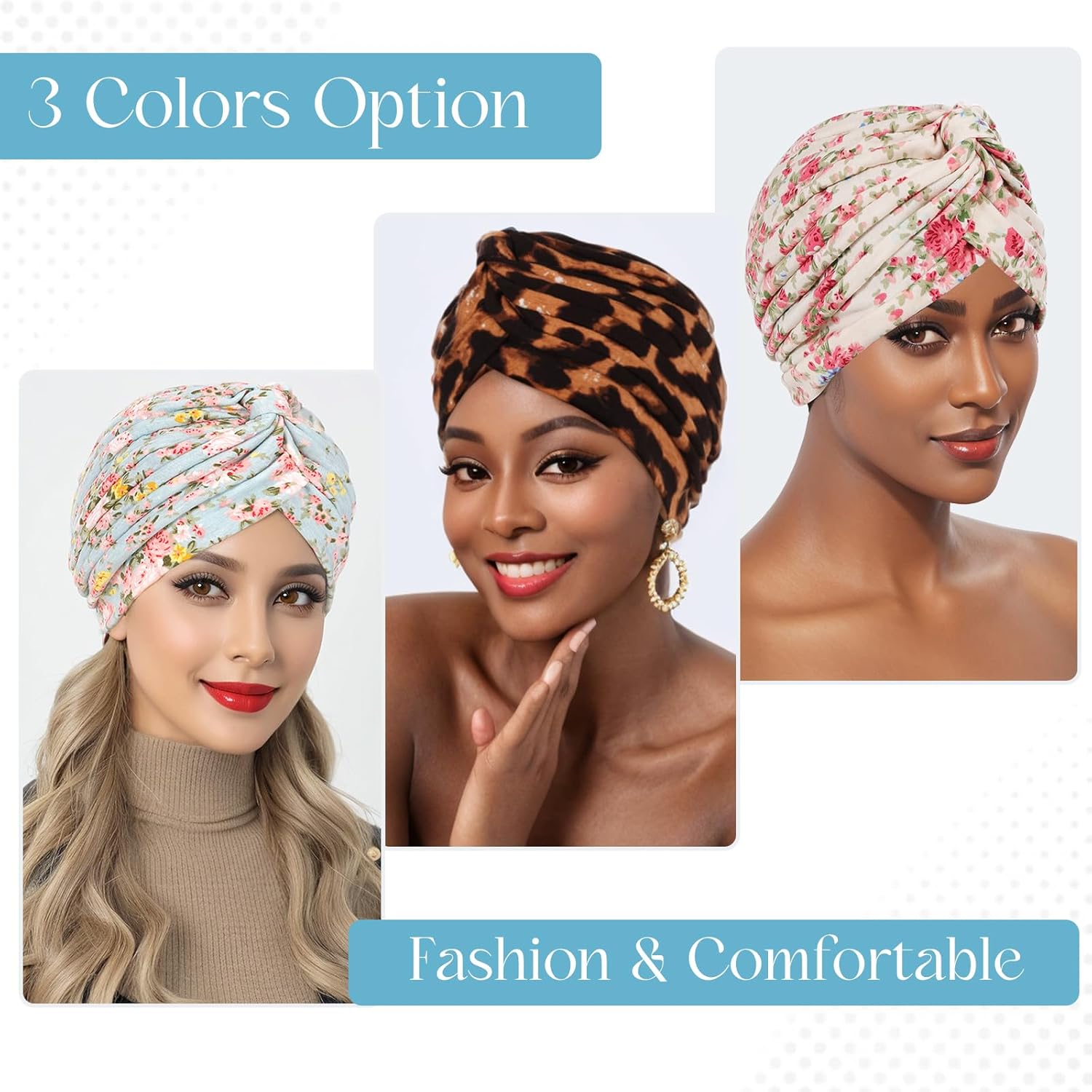 XEPST 3 PCS Chemo Headwear for Women, Pleated Cancer Headscarf Floral Print Turban Beanie Hat Elastic Head Coverings Wraps for Hair Loss Sleep Cap - Image 4