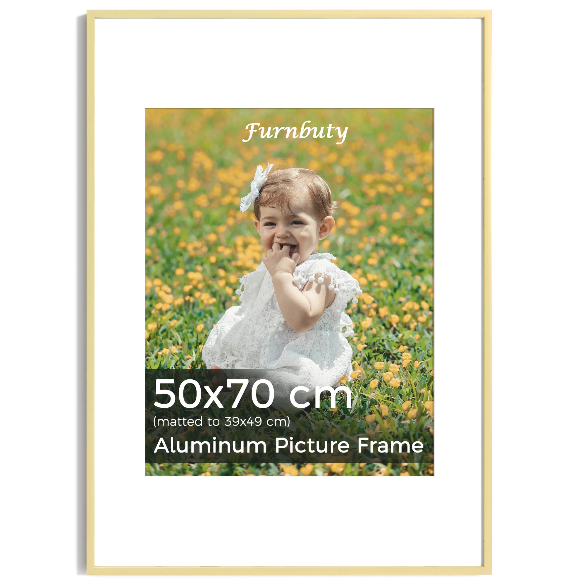 50x70cm Frame Gold, Aluminum Picture Frame 50cmx70cm with HD Acrylic, 50x70 Frame with Mount for 39x49cm Photos, Wall Mountable Picture Frames for Photos Art Print Posters, Home Gallery & Wall Décor