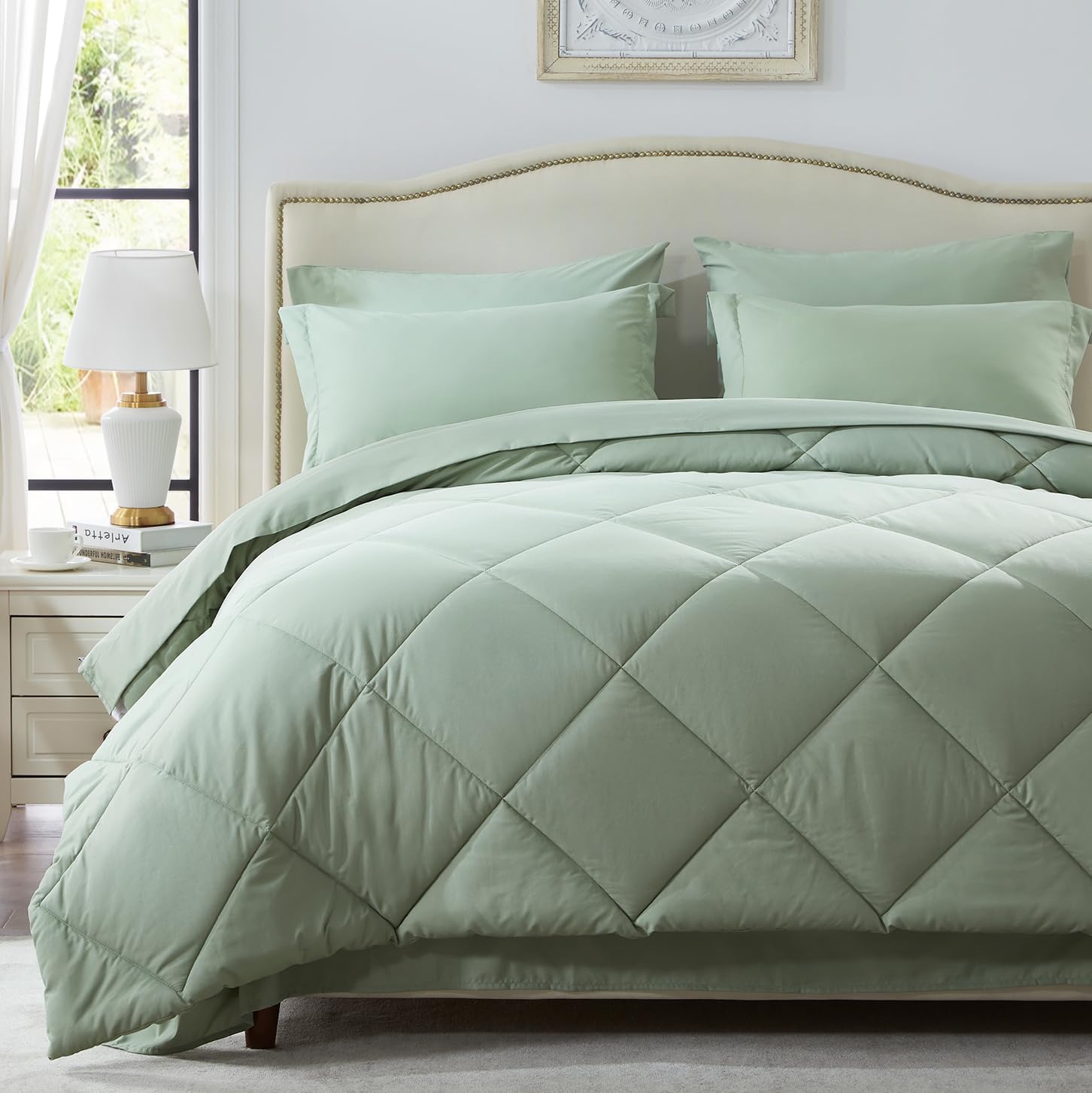 Zzlpp Queen Size Bed in a Bag 7 Pieces, Sage Green Bed