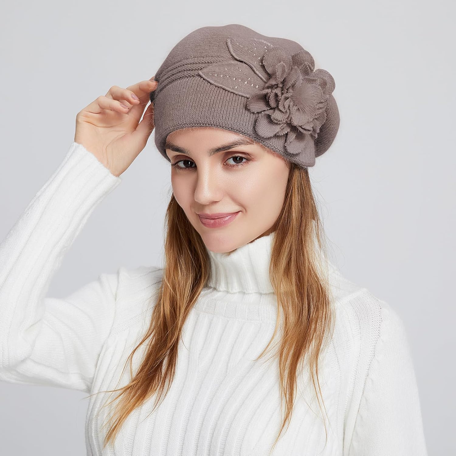 Flower Women Beret, Double Layer Thickened Winter Knitted Beanie Beret Hat, Stylish French Dress Beret Hats for Women - Image 2