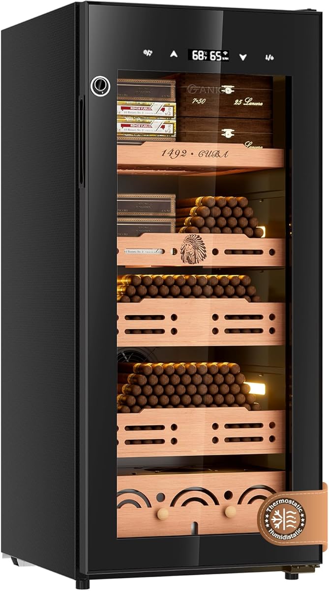 Electric Cigar Humidor, 105L Cabinet up to 900 Cigars with Thermostatic & Humidistatic Control, 4 Cedar Wood Trays, LED Screen Fingerprint Safety Lock for Lounge/Home Use Cooling Fridge