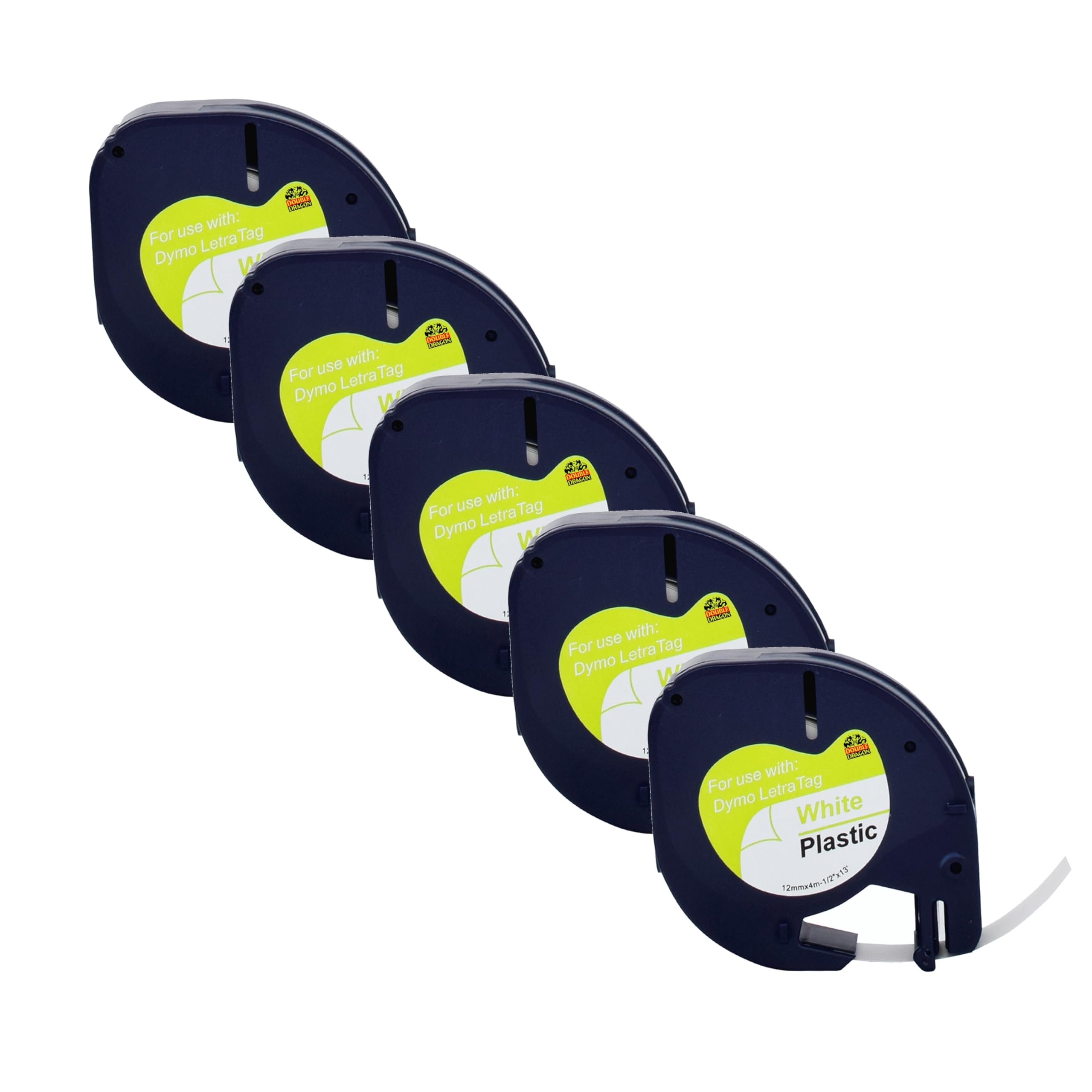 Double Dragon, 5-pack kompatybilnych taśm etykietujących na plastikową białą taśmę Dymo LetraTag 91201 S0721610, do Dymo LetraTag LT-100H LT-100T LT-110T QX50 XR XM, czarny na białym, 12mm x 4m