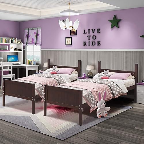 Miniatura 4 de GOFLAME Twin Over Twin Bunk Beds Convertible Into Two Individual Solid Rubber Wood Beds Children Stylish Sleeping Bedroom Furniture with Ladder and