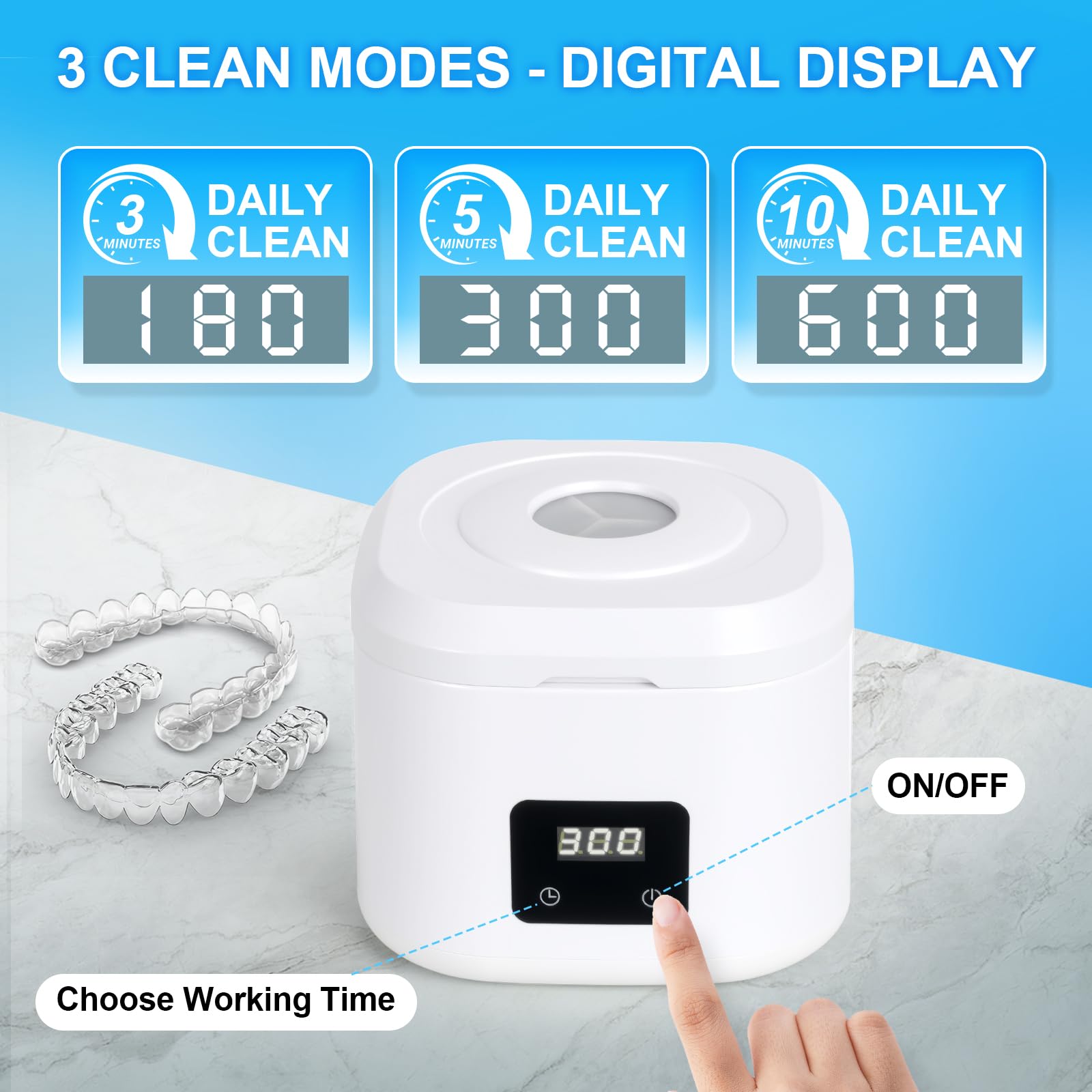 Retainer Ultrasonic Denture Cleaner Machine, 49kHz Dental Night Guard Cleaning Tablets Ultra Sonic Dental Tools for Aligner, Braces, Toothbrush Head & Jewelry with Digital Timer & 3 Mode White (340ML) — view 6