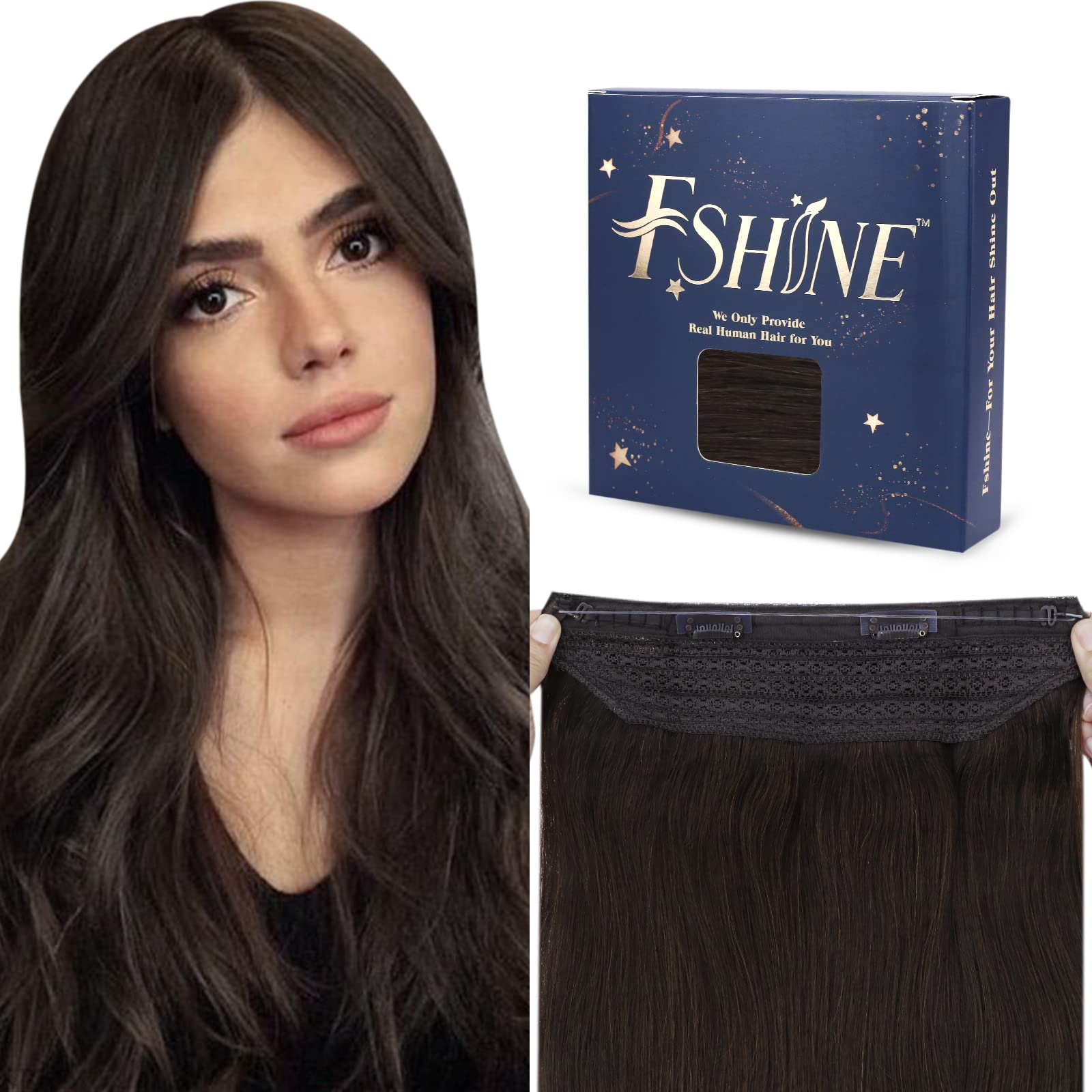 Fshine Extension con Filo Invisibile 35CM 70g Capelli Extension Castano Scuro Colore 2 Capelli Veri Brasiliani Lisci Extension Hair Invisible Filo Capelli Extension Wire Hair Extension