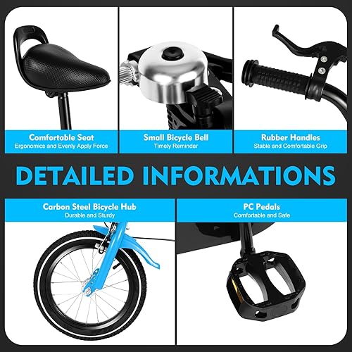 Miniatura 6 de Bicicleta azul para niños de 14 pulgadas, bicicleta para niños de 2 a 4 años, bicicleta de montaña para niños con ruedas de entrenamiento y altura