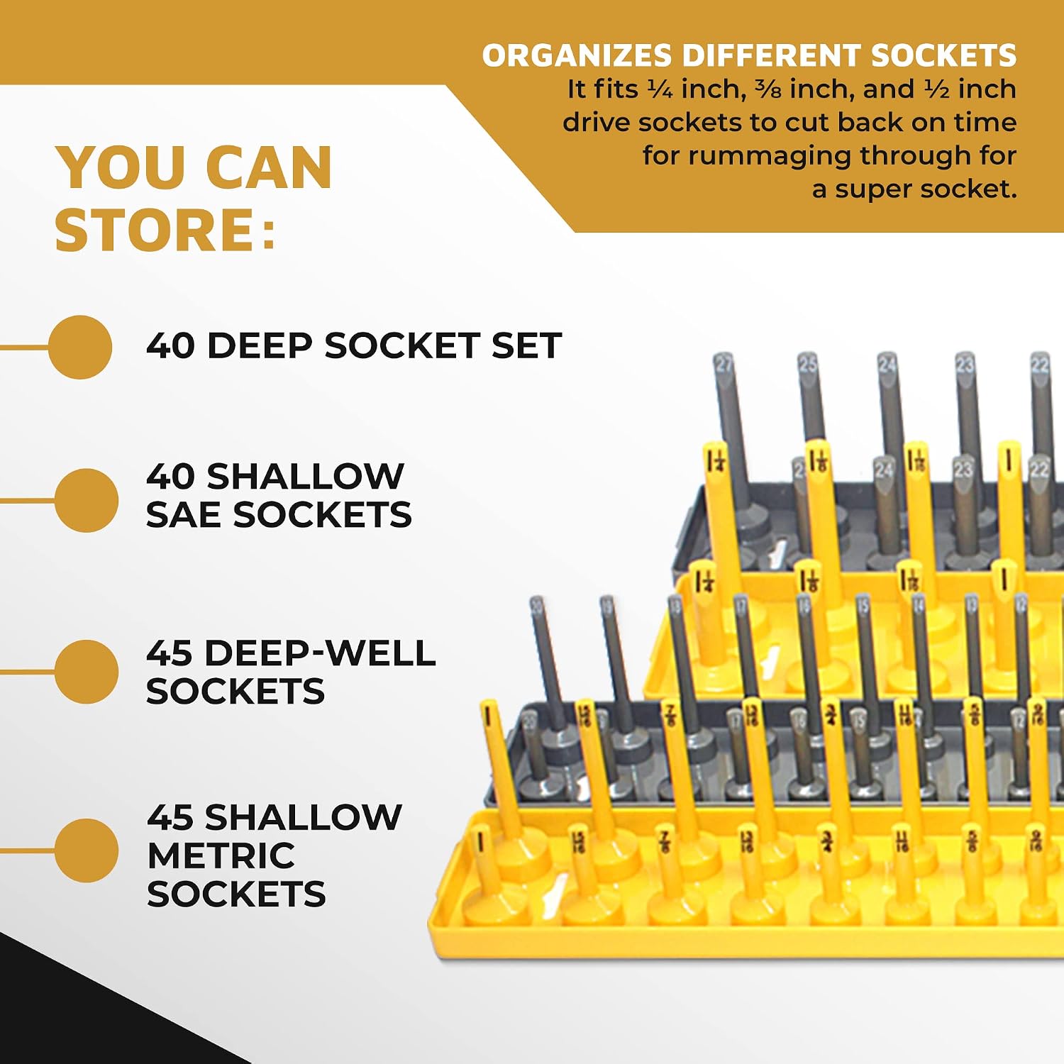 COLSEN 6-Piece Tool Box Socket Organizer, Fits Most Tool Chest Sizes, Crafted for Deep & Shallow Socket Set Sizes, Holds 80 SAE & 90 Metric Sockets, Yellow