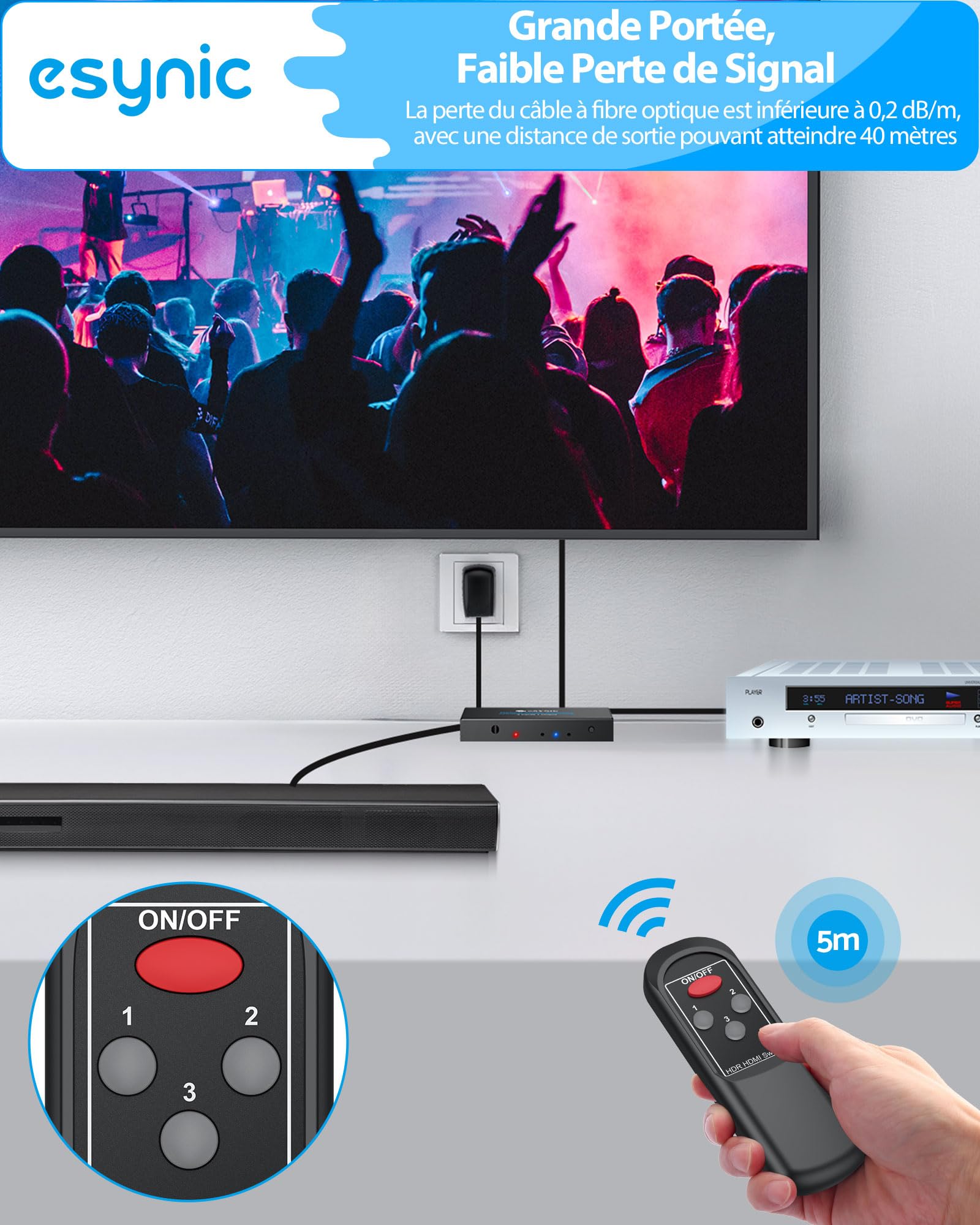 eSynic 3x1 Convertisseur Audio Toslink SPDIF Fibre Optique avec Télécommande IR Support LPCM2.0 DTS Dolby-AC3 Répartiteur Audio Optique Numérique 3 Entrées 1 Sortie avec Câbles USB Câble Optique