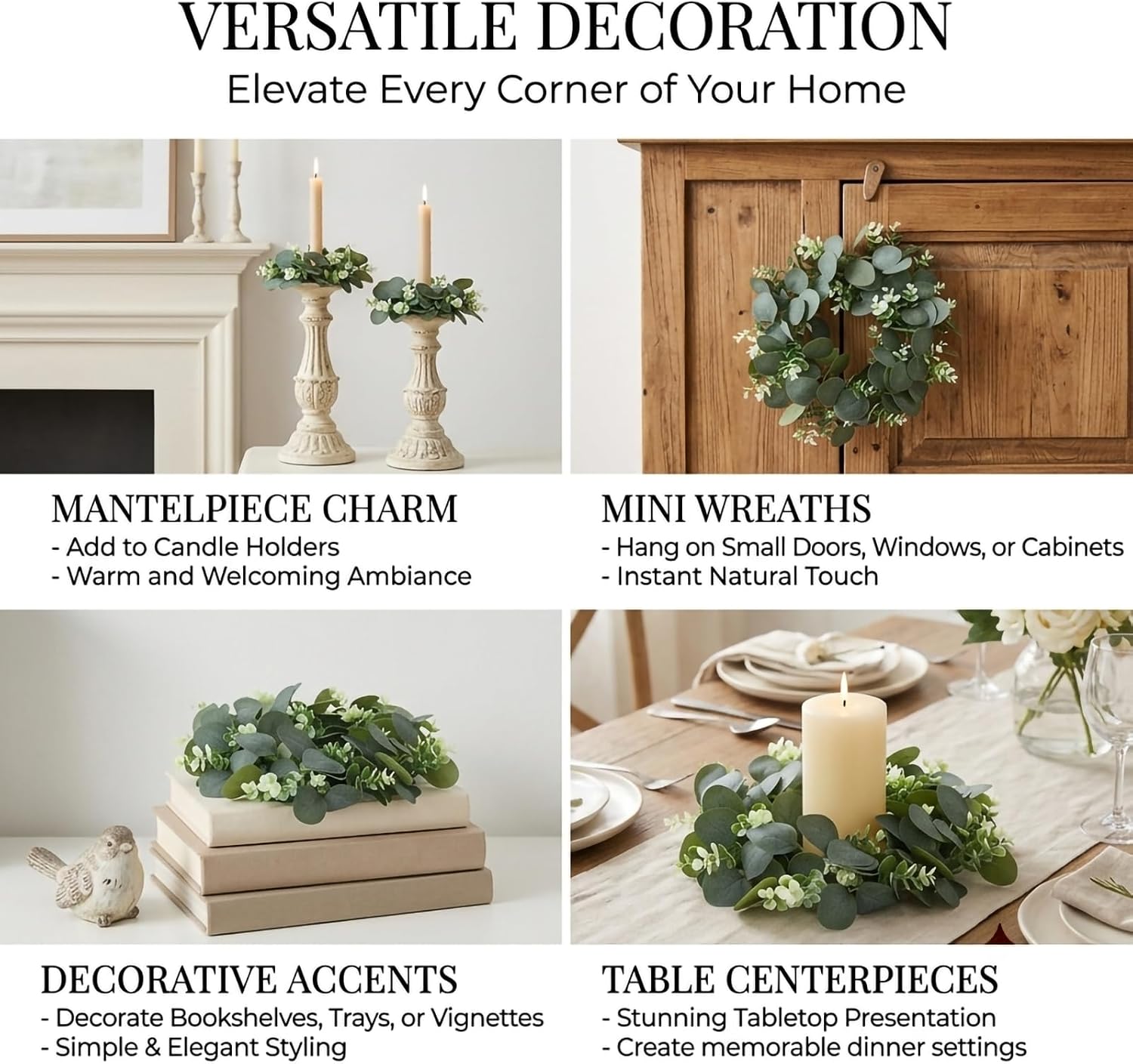 6 Pack 8 Inch Candle Rings, Eucalyptus Wreath Small Greenery Wreaths for Indoor Pillar Candles - Green Artificial Floral Rings for Wedding Table Centerpieces Farmhouse Decor