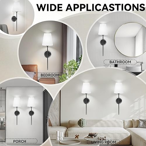 Miniatura 5 de CANMEIJIA Juego de 2 apliques de pared modernos negros, apliques de pared industriales para dormitorio, lámparas de pared con pantalla de tela,