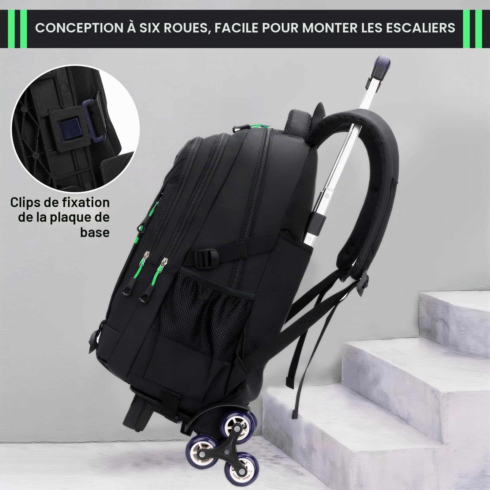 Amythe Sac à Dos à Roulette Garçon, Sac Ecole Trolley Détachable Idéal pour Primaire et Secondaires, Cartable Convient aux adolescents Garçons Filles de 9 à 18 ans, 6 Roues, Noir