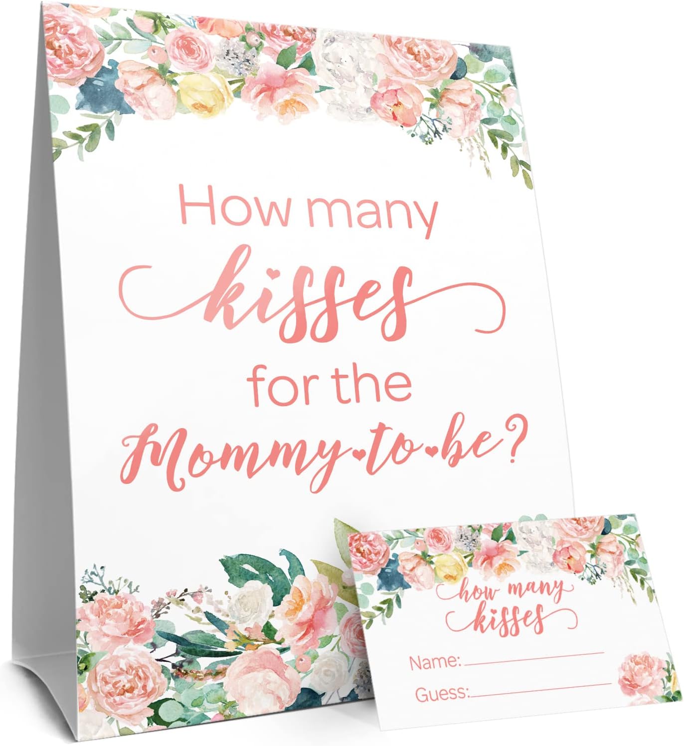 Distinctivs Floral How Many Kisses Baby Shower Game - (Sign with Cards)