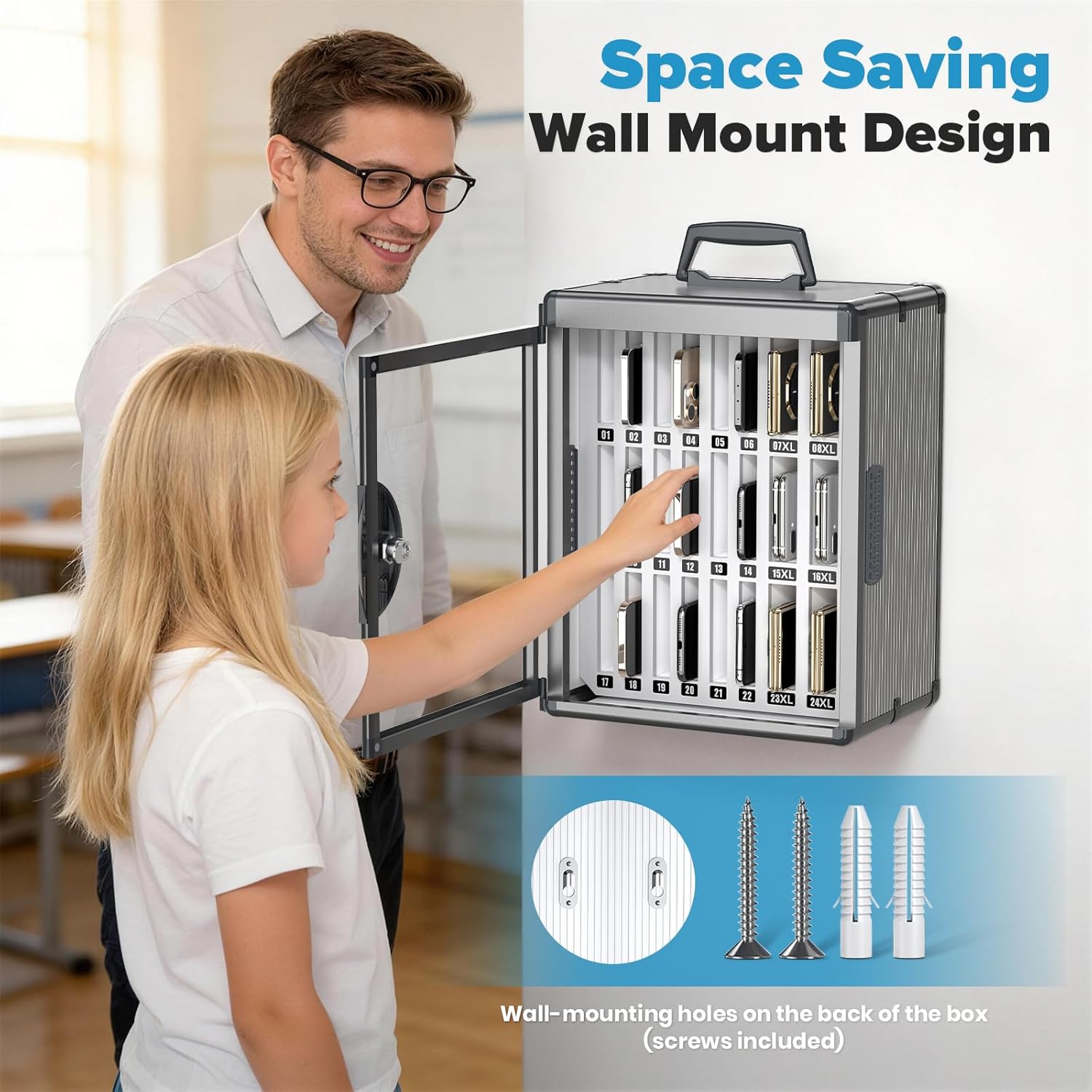 24 Slots Cell Phone Locker for Classroom, Portable Phone Holder Box, Wall Mount Phone Lock Box with Key, Pocket Chart Storage(Black-Universal Keys)