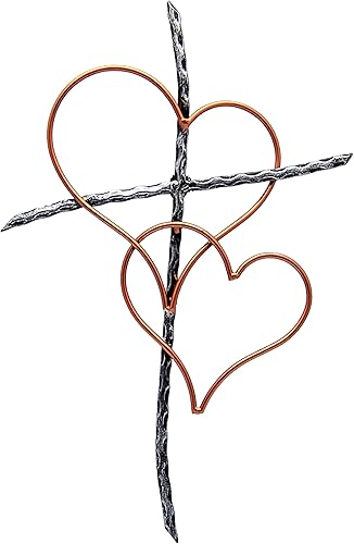 Wowser Cruz de pared de metal plateado con dos corazones entretejidos en tono bronce, 19 1/2 pulgadas