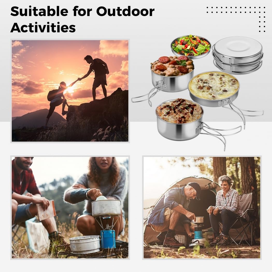 Portable Stainless Steel 4-Piece Camping Cooking Set with Storage Bag, Lightweight Pots, Pan, and Plate for Hiking, Mountaineering, Outdoor Use