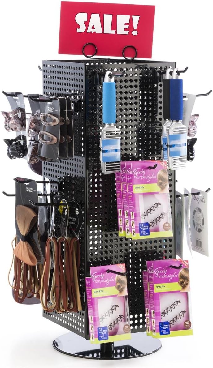 Displays2go Countertop Pegboard Spinner Rack, Magnetic, 60 Hooks (Black with Black Pegs, Steel)