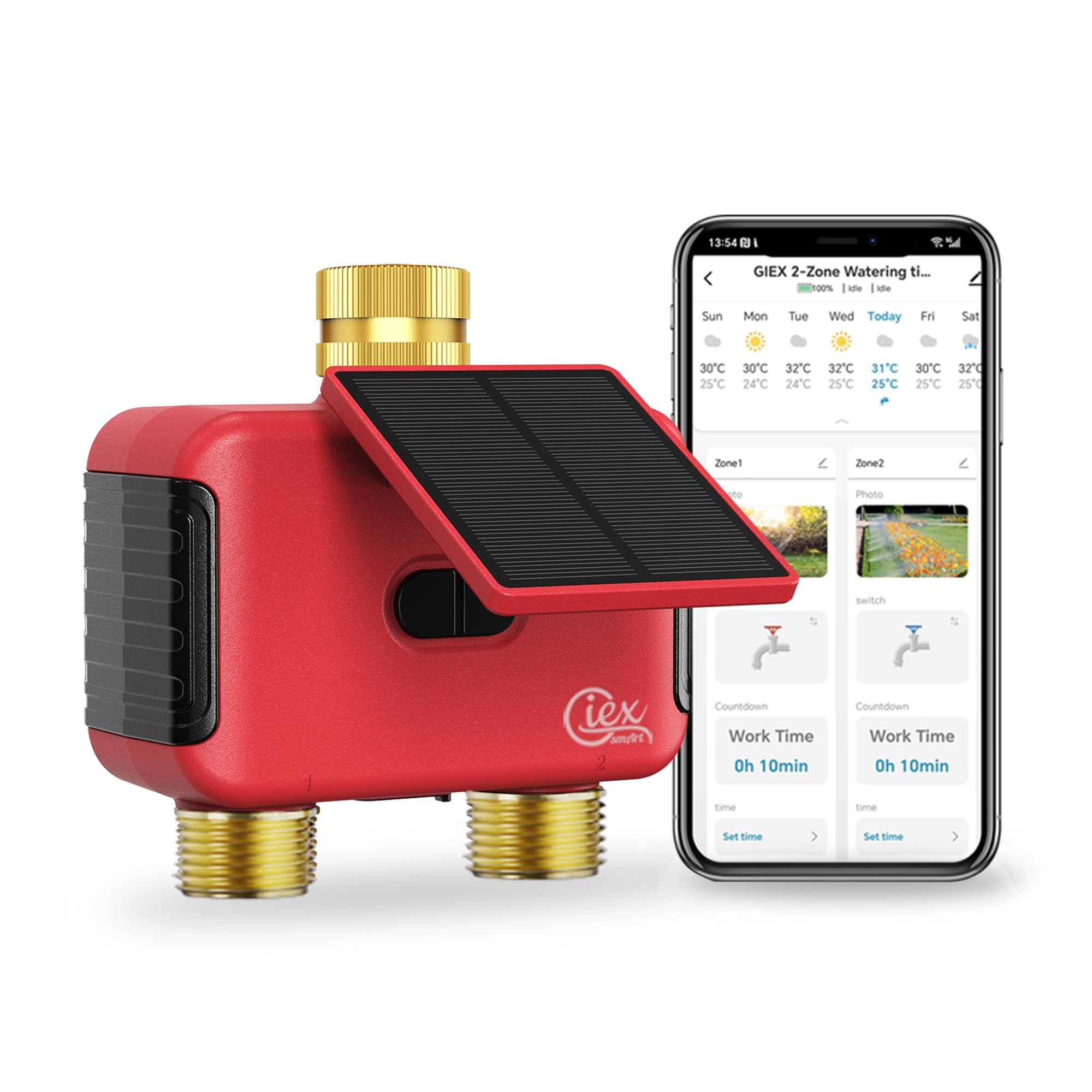2 Zone WiFi Smart Watering Timer for Garden Hose, Solar Rechargeable Irrigation Timer with Dual Outlet, Brass Inlet & Outlet, No Hub Required, Smart Life App, Works with Alexa and Google Assistant