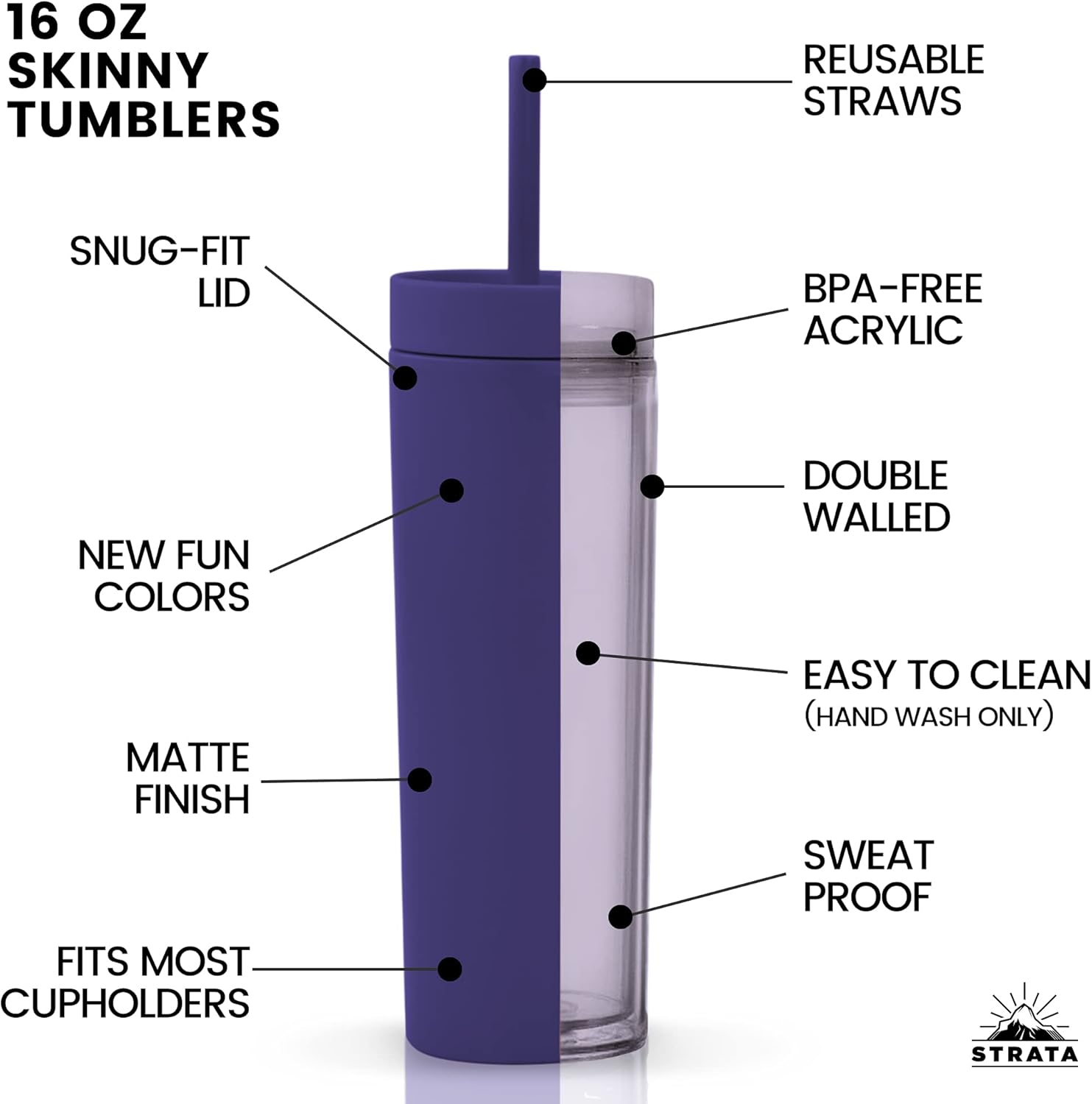 STRATA CUPS Purple Skinny Tumblers with Lids and Straws (12 pack) - 16oz Double Wall Acrylic Tumbler, Tall Matte Skinny Tumblers, Bulk with Free Straw Cleaner, Reusable Cups - Image 9