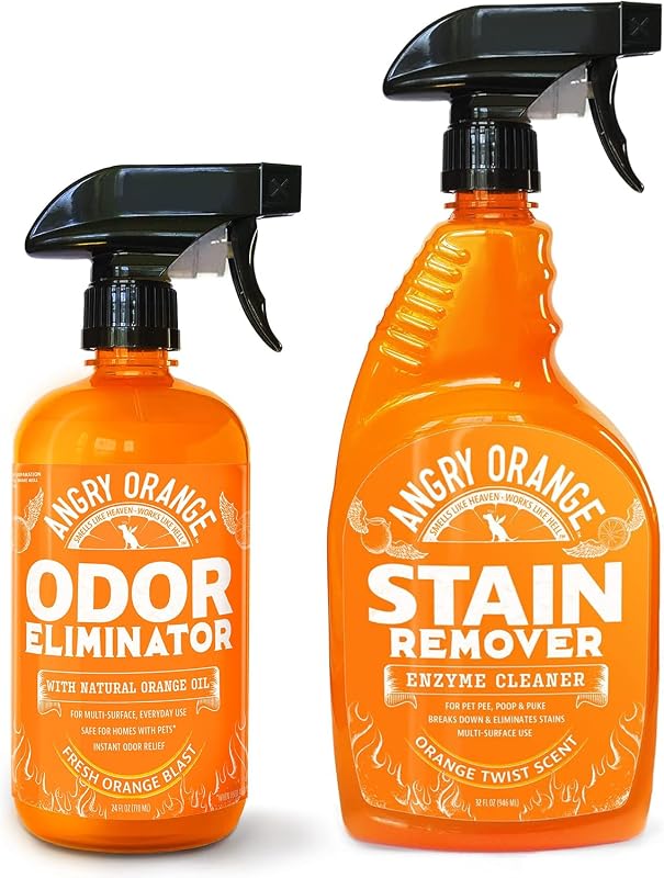 Removedor de Odores e Manchas para Pets ANGRY ORANGE, Spray Cítrico Enzimático, 720 mL + 960 mL, Pacote com 2