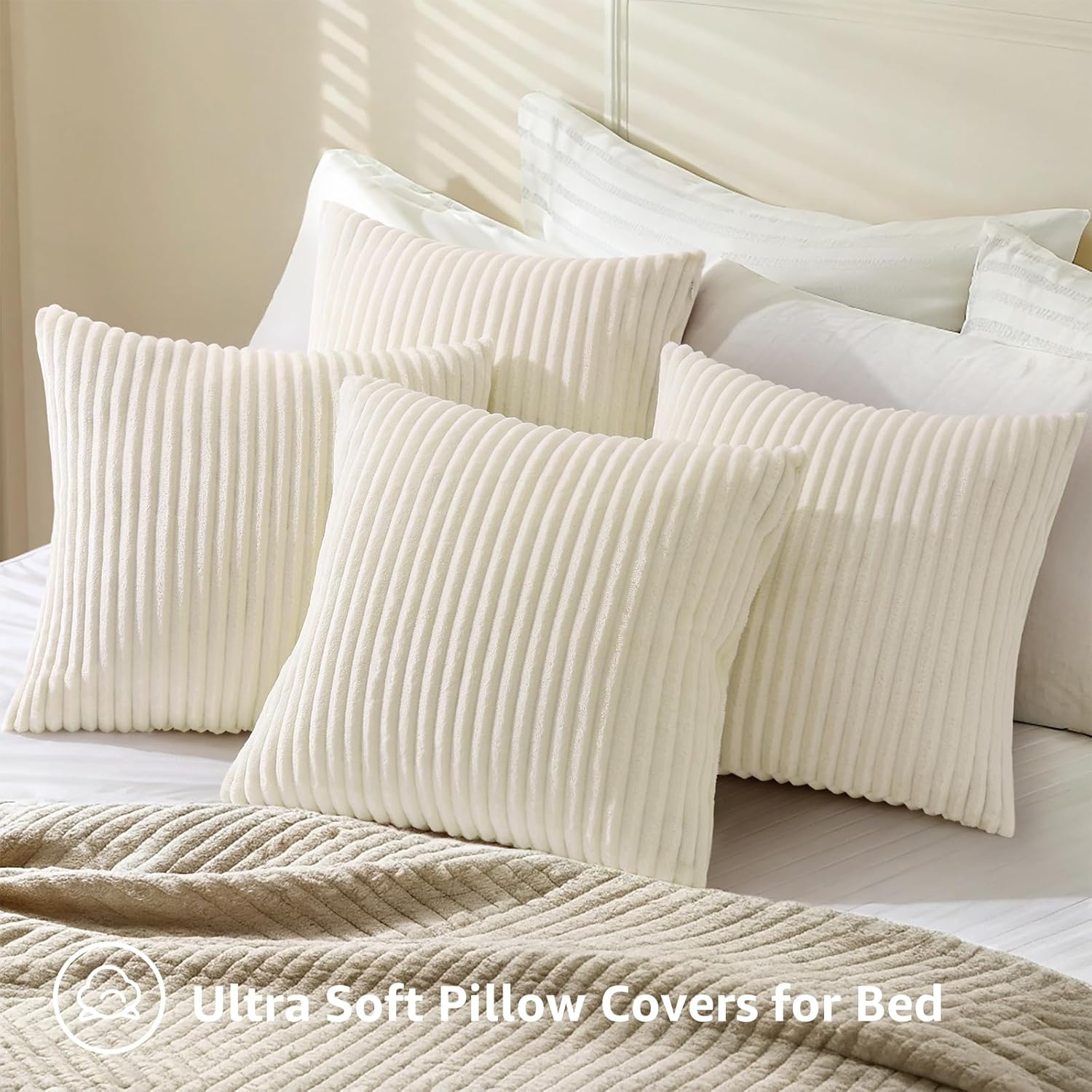 decorUhome Set of 4 Flannel Neutral Cream White Throw Pillow Covers 18x18 Inch, Spring Decorative Soft Double-Sided Fluffy Couch Pillow Covers, Farmhouse Pillow Cases for Sofa Living Room