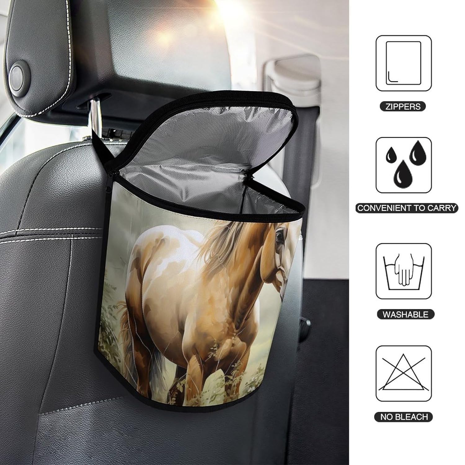 Hanging Car Trash Bag Animals Embroidery Paintings Horses Printed Car Garbage Storage Bag Leakproof Car Trash Can Portable Garbage Storage Bags