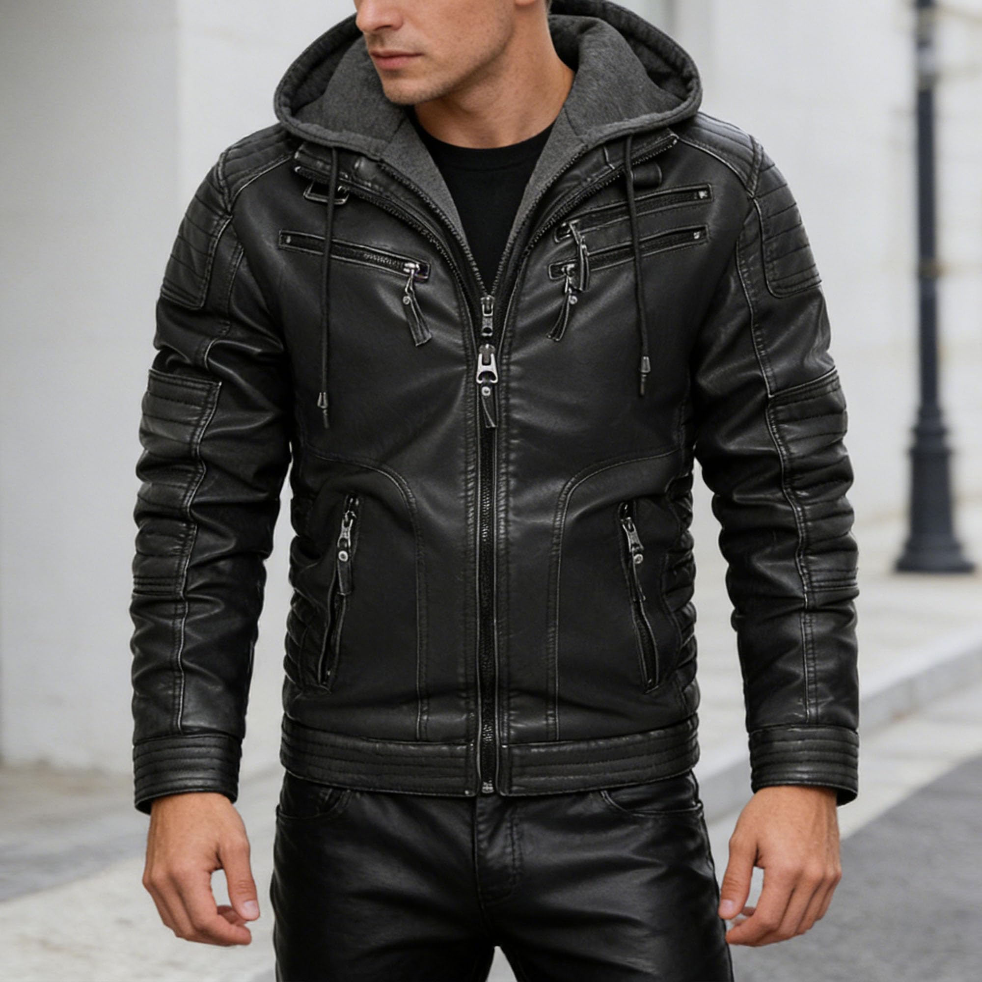 Chaqueta de motociclista retro de piel sintética para hombre, con cuello alto, cremallera y capucha extraíble, ropa abrigo informal