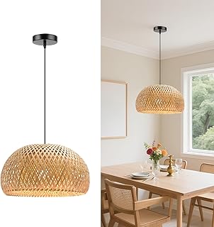 Rustic Bamboo Pendant Light, 15.74 inch One-Light Boho Basket Handmade W...