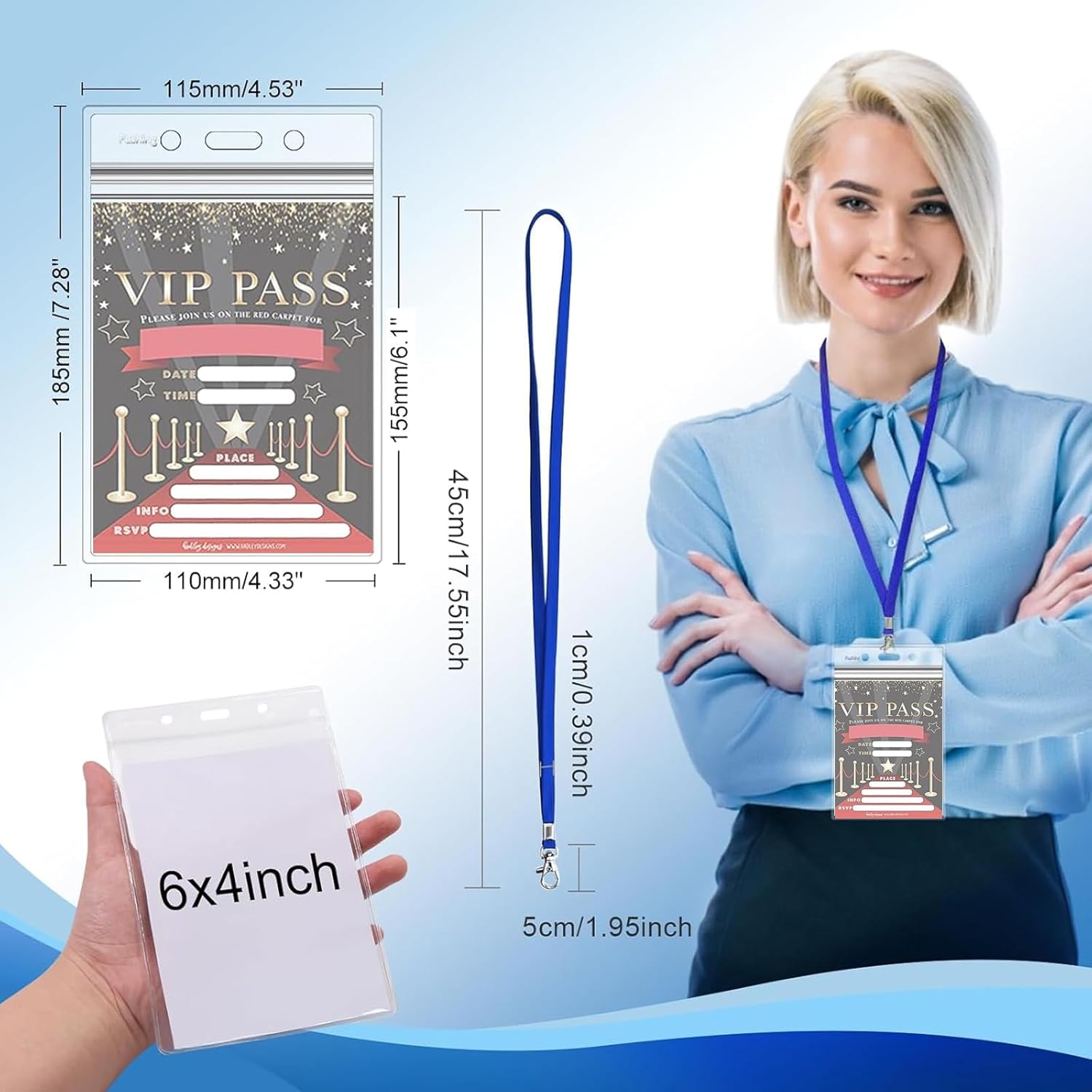 Fushing 50pcs Clear Plastic Vertical Name Tags Badge ID Card Holders and Blue Neck Lanyards with Swivel Hook for School, Festival, Event (XXL)