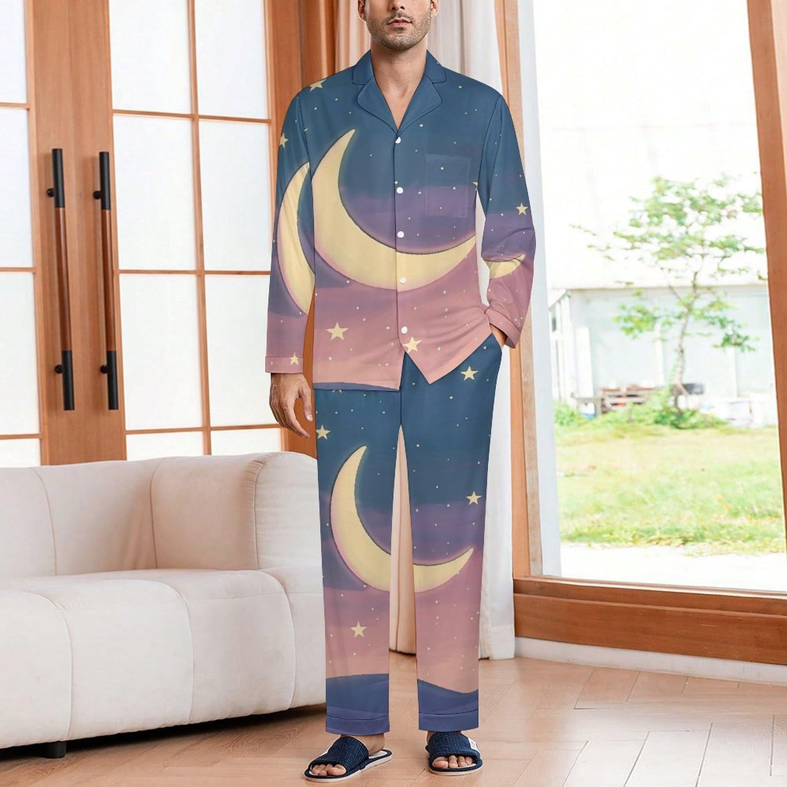 Pigiama Blu Uomo Cotone Primavera Luna della Sera Pigiama da Notte con Bottoni Pigiami Due Pezzi Maniche Lunghe Camicia e Pantaloni con Tasche