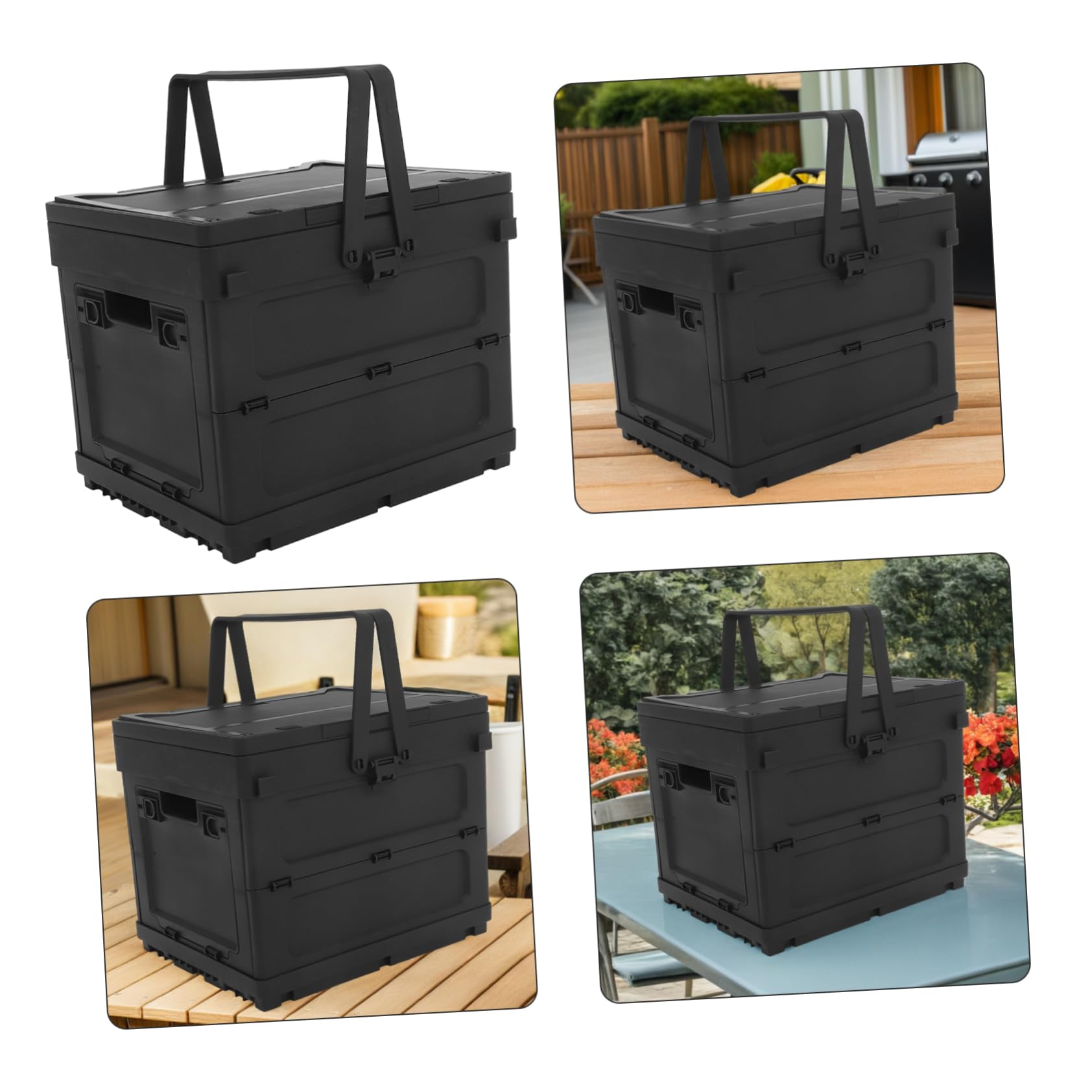 Caja de Almacenamiento Plegable de Plástico Negro para Camping Diseño Multifuncional con Asa Incorporada y Función de Mesa Pequeña y Maletero de Coche